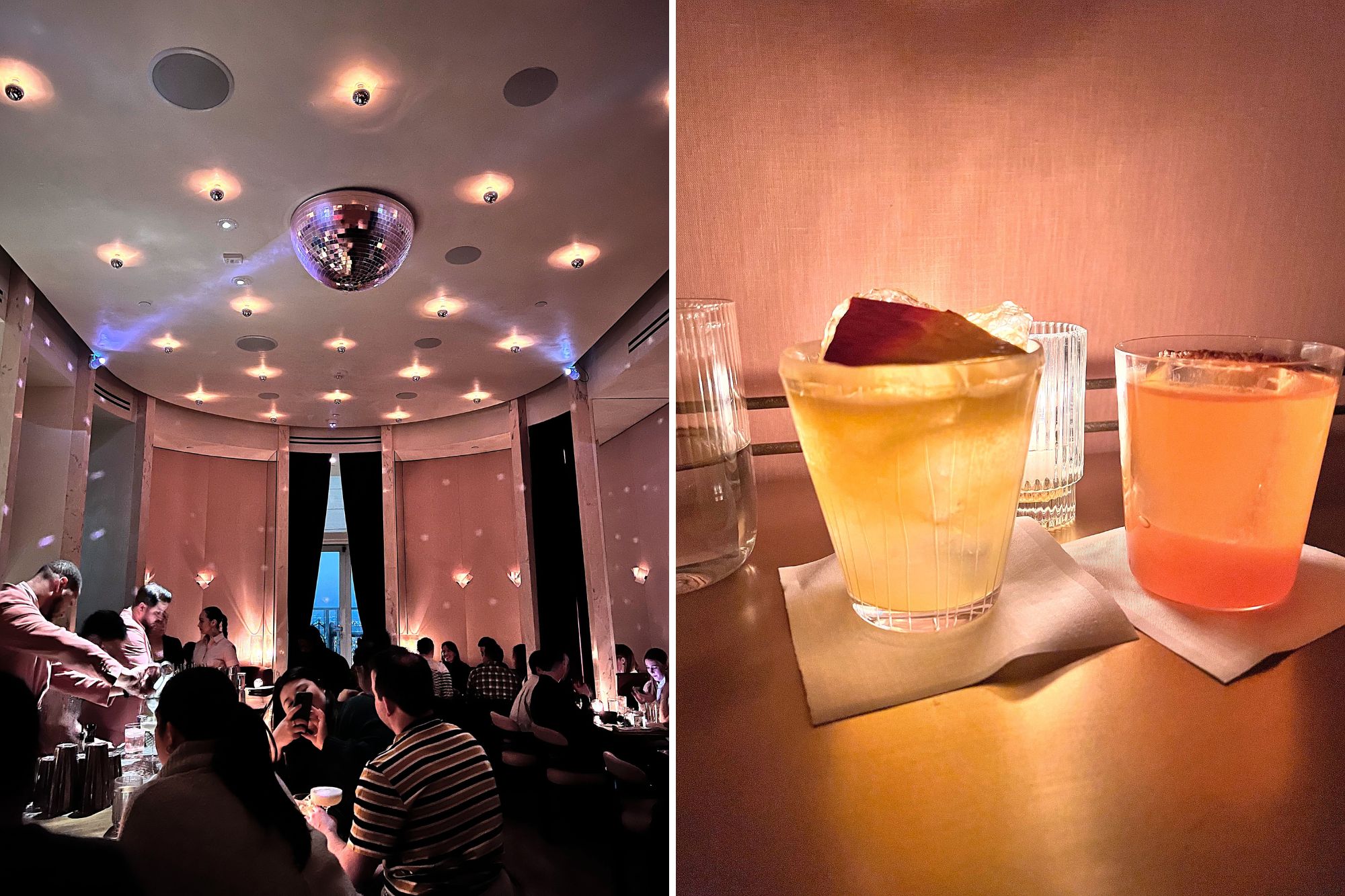Interior of Overstory and two cocktails