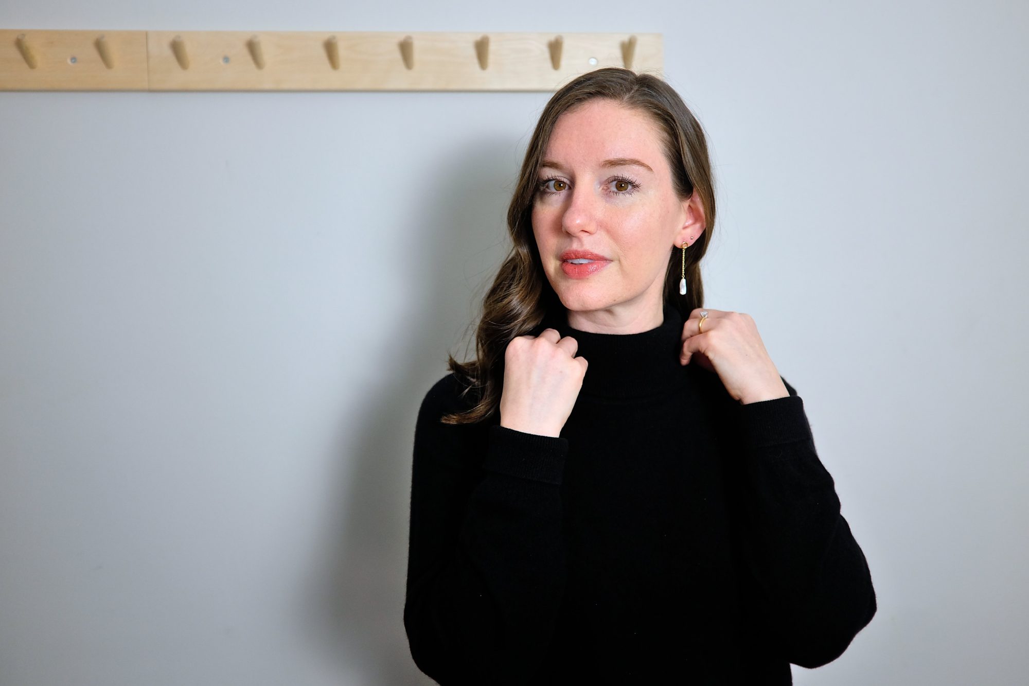 Alyssa double-folds the turtleneck sweater dress from Quince