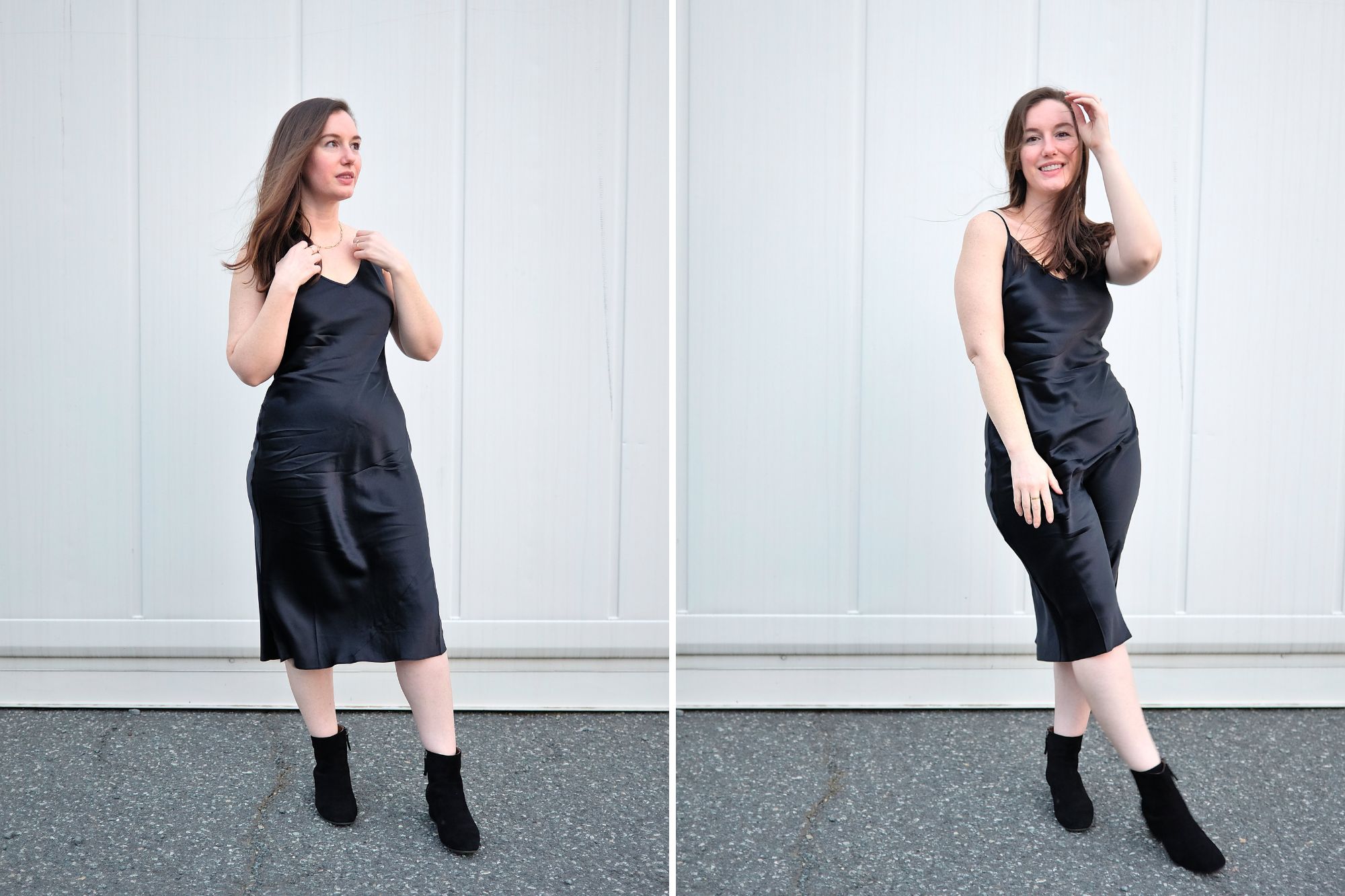 Alyssa wears the Quince Silk Slip Dress in black with black boots