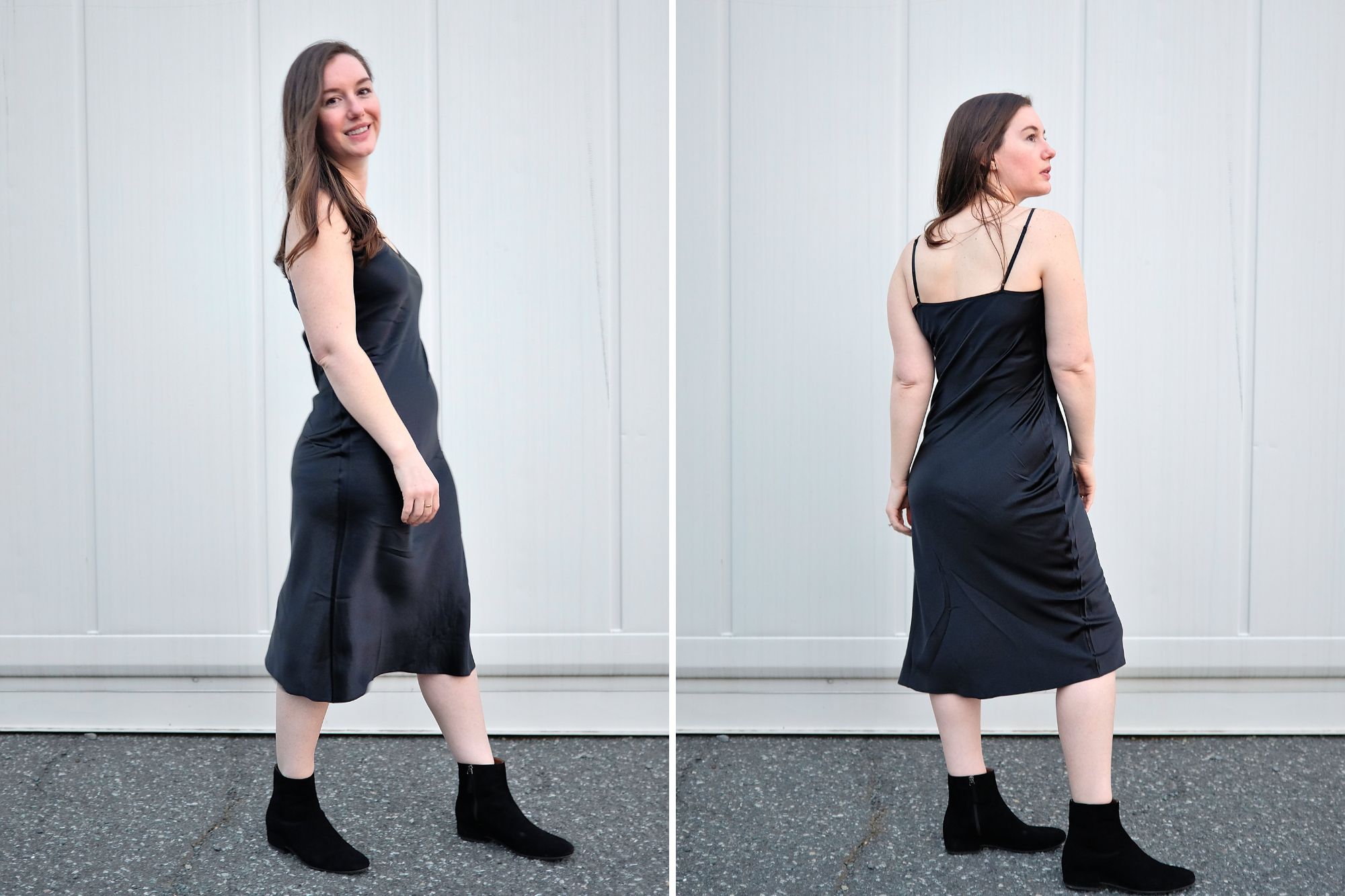 Alyssa wears the black slip dress from Quince in two photos