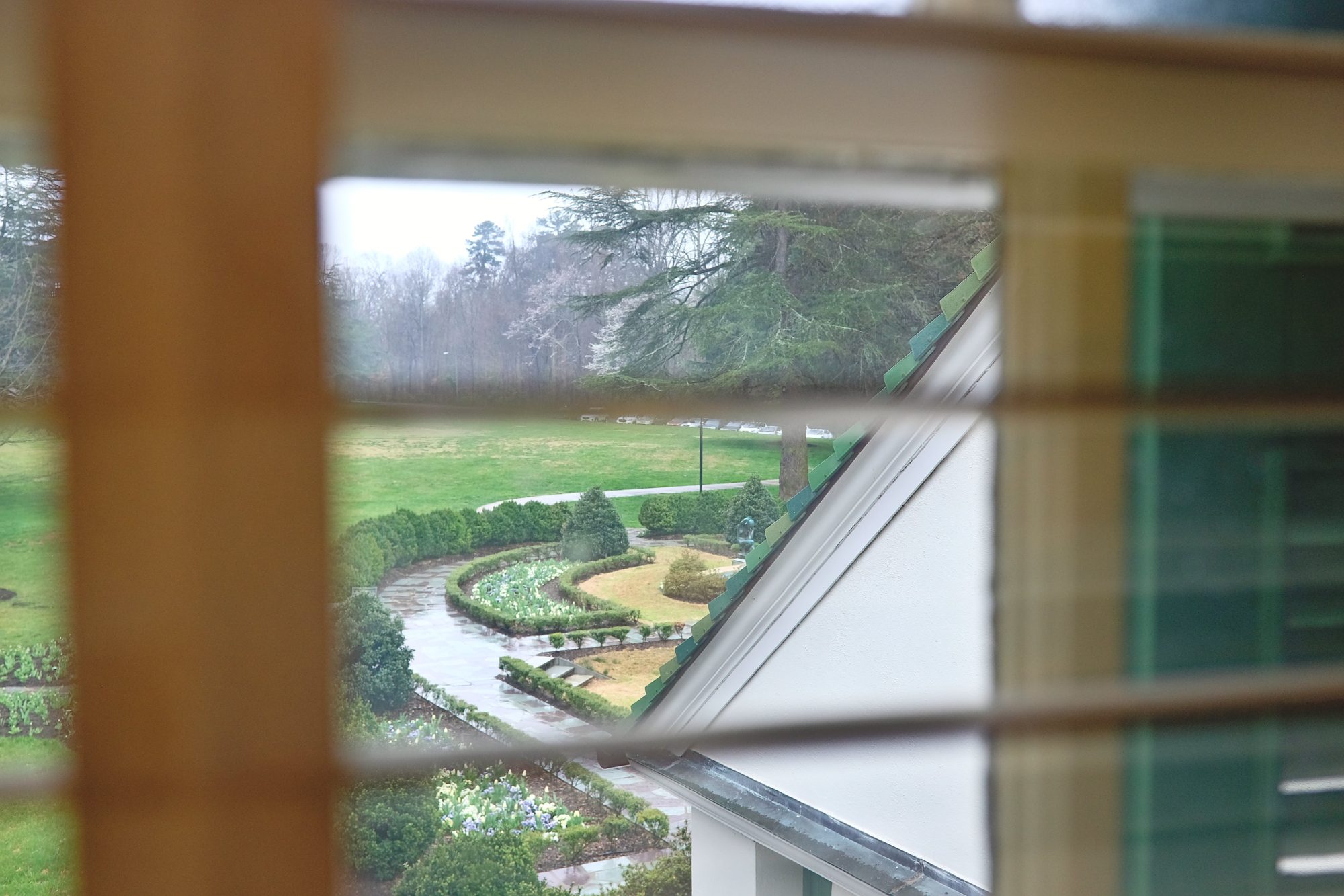 The grounds of Reynolda House are visible through interior blinds