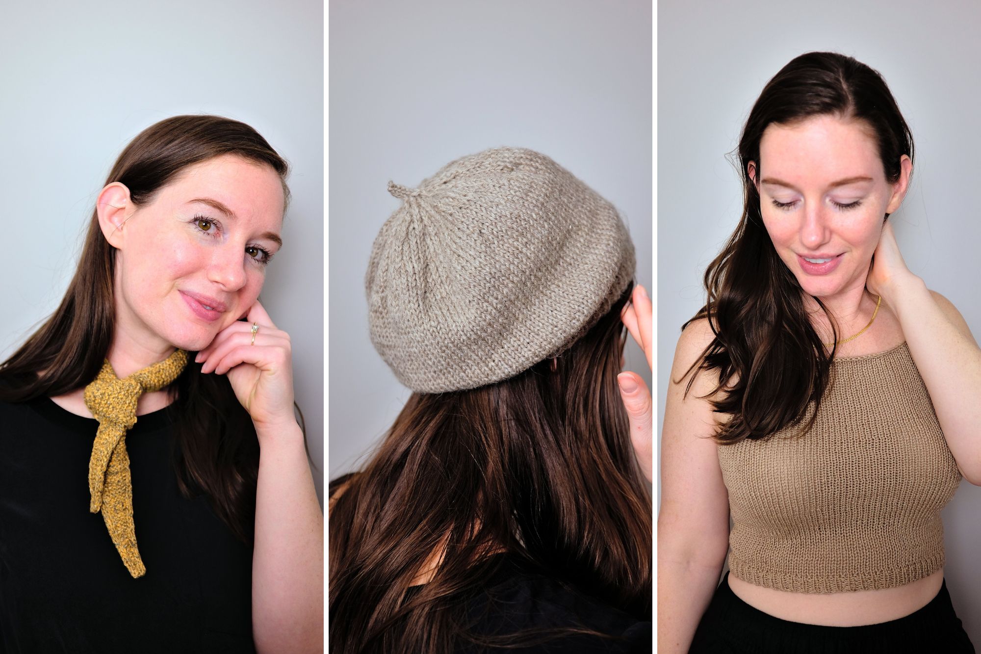Alyssa wears all three road trip knitting projects in three photos