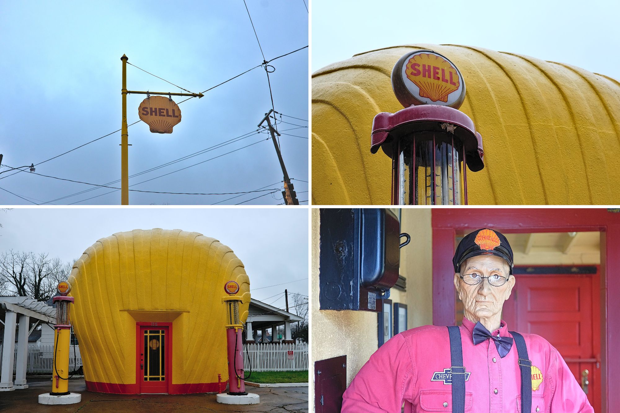 A collage of photos taken at the Shell Shaped Shell Station in Winston-Salem