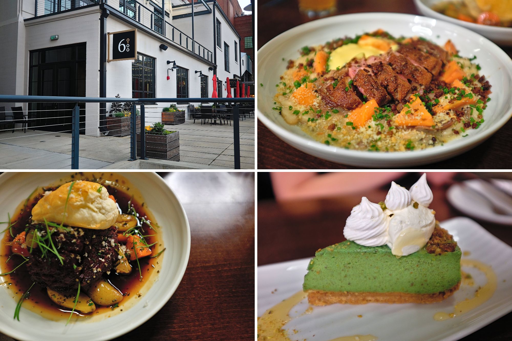 A collage of the outside of Six Hundred Degrees, and three dishes from the restaurant