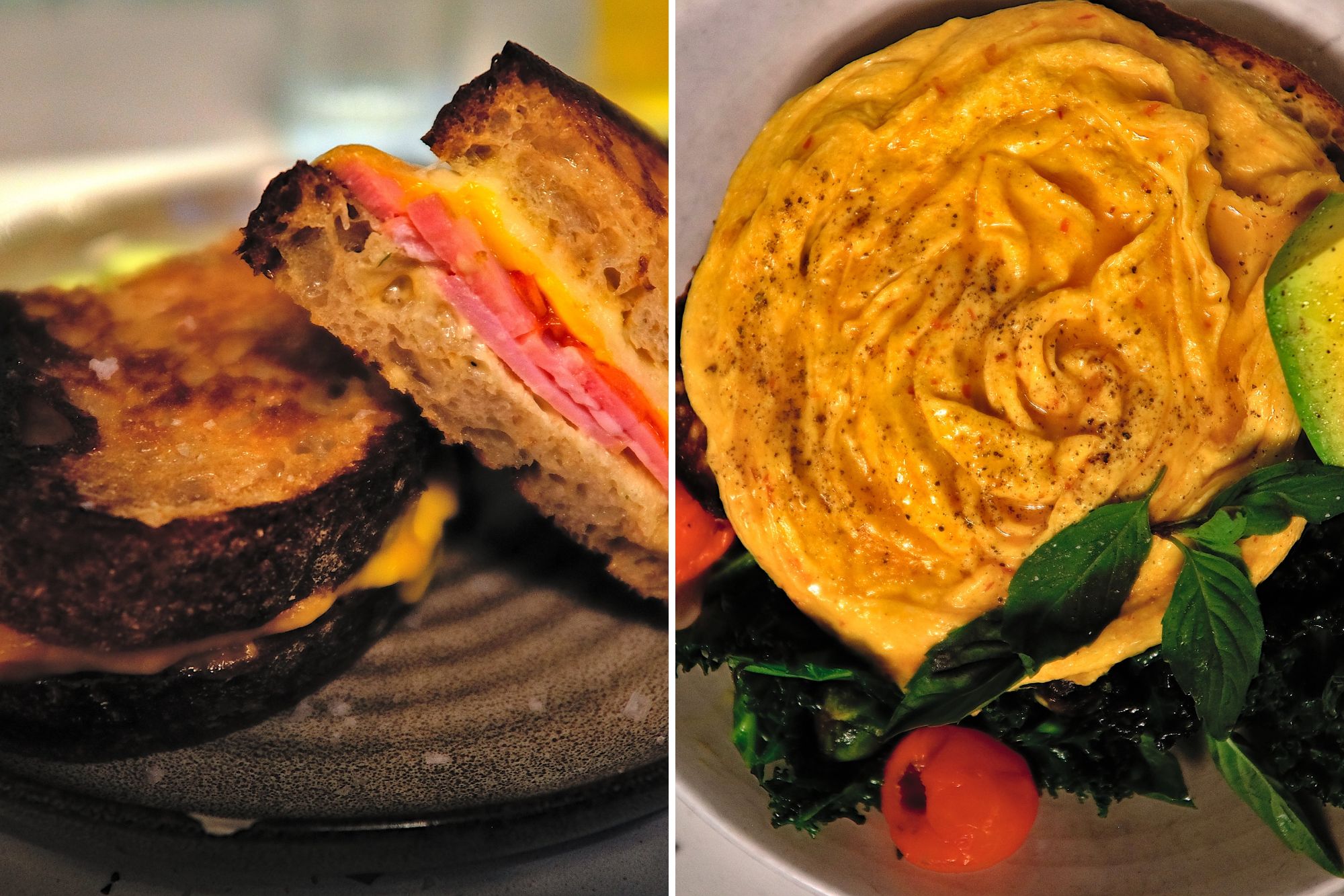 Two dishes from Sonnyboy: Ham and cheese toastie and harissa folded eggs