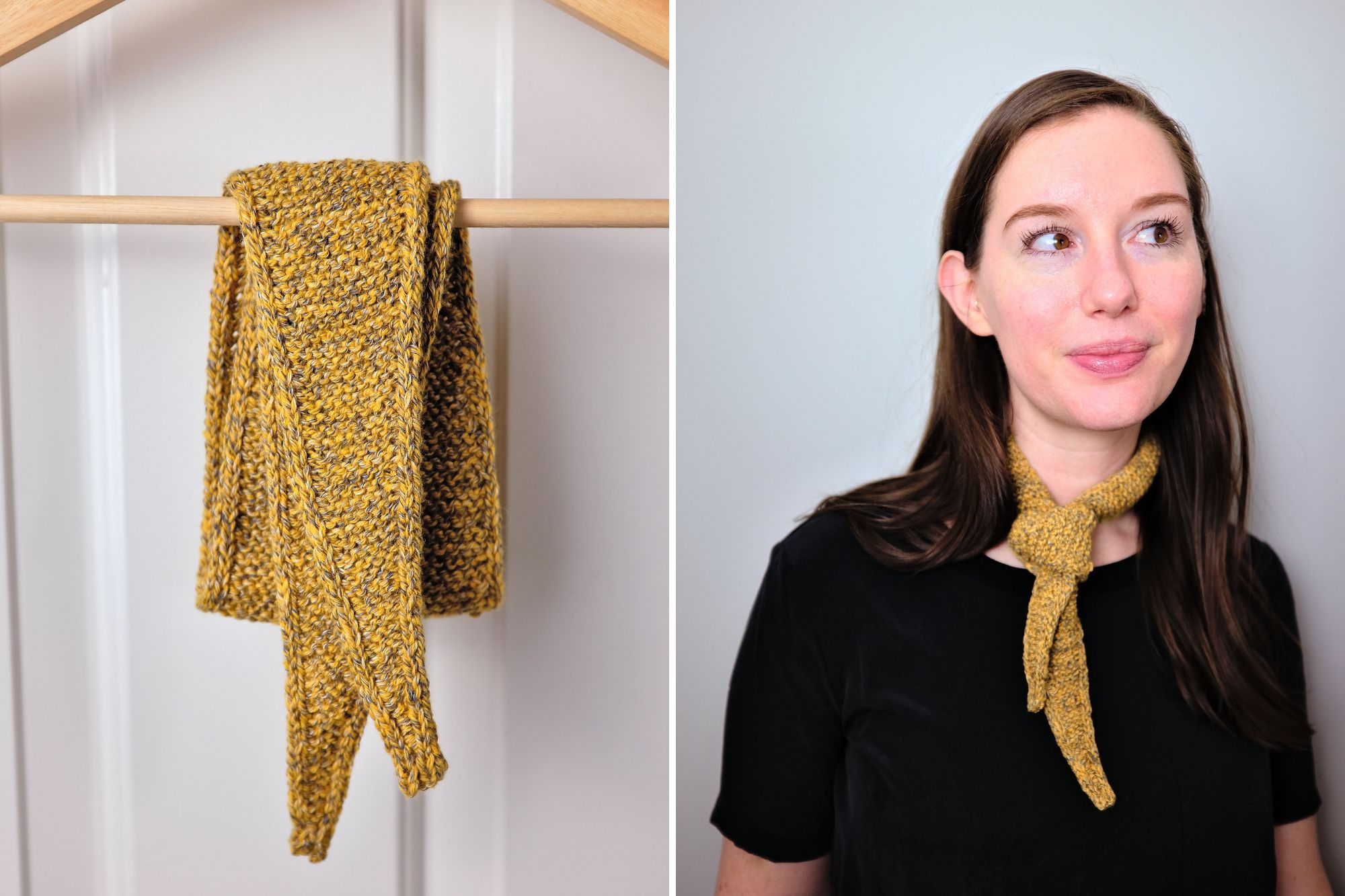 Two images: the Sophie Scarf in a mustard color hanging on a hanger; Alyssa wearing the Sophie Scarf