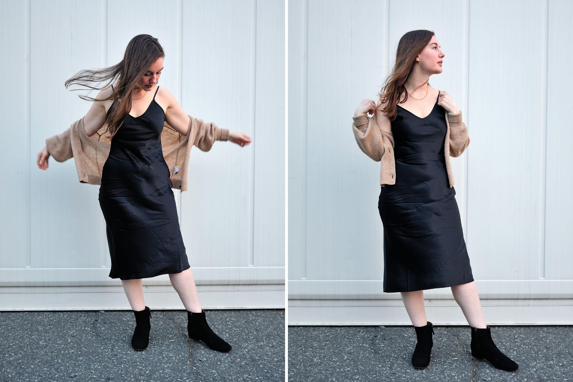 Alyssa wears the Quince dress with black boots and a beige cardigan