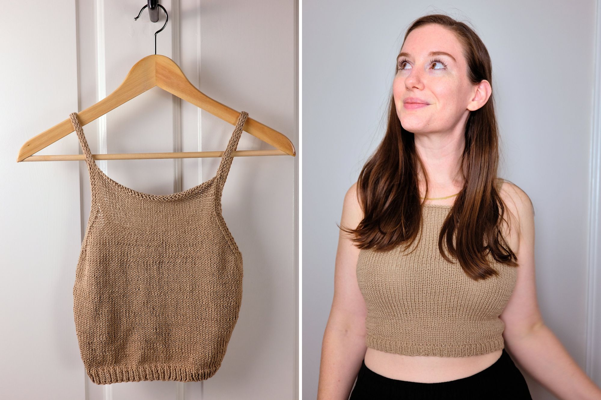 Two images: The Summer Secret Crop in tan hanging on a hanger, and Alyssa wearing the tank top