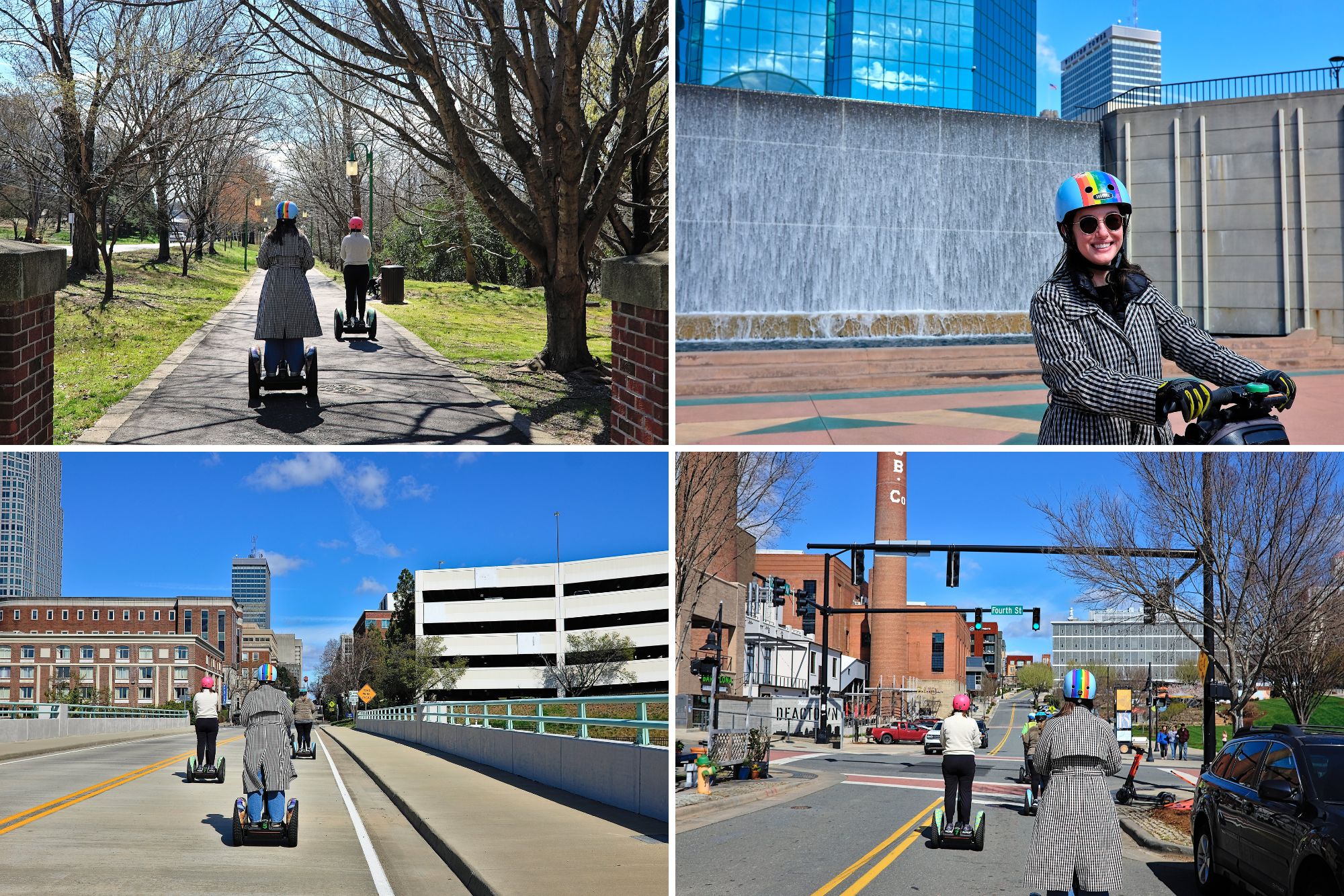 A collage of photos of riders on Segways