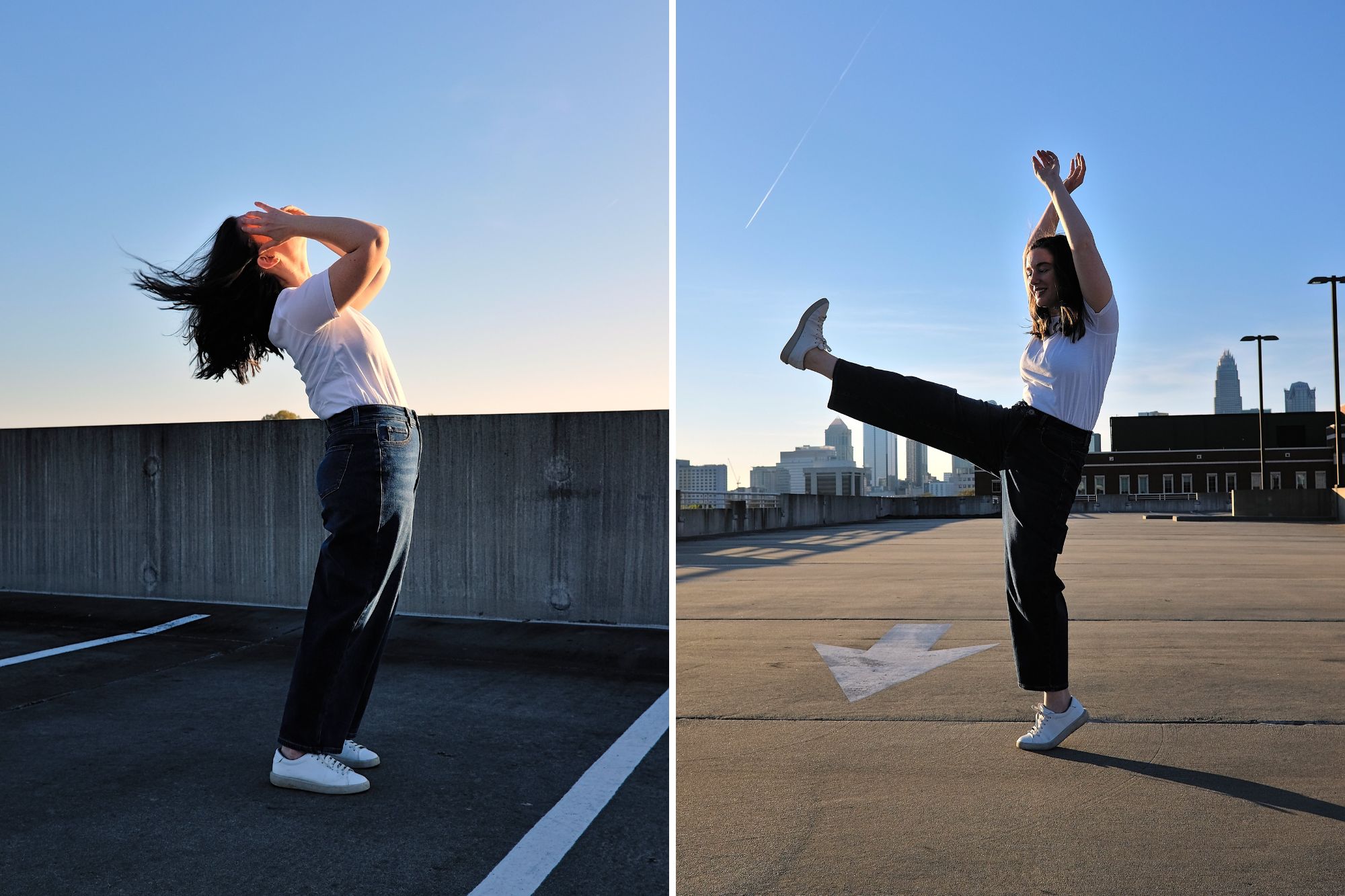Alyssa wears the Lou Barrel Leg jeans in two photos