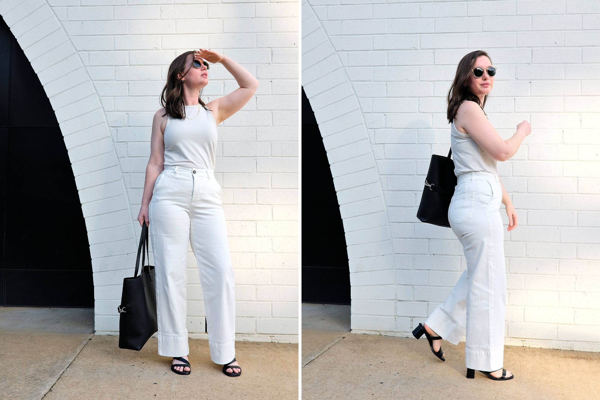 Alyssa wears white denim from Universal Standard in two photos