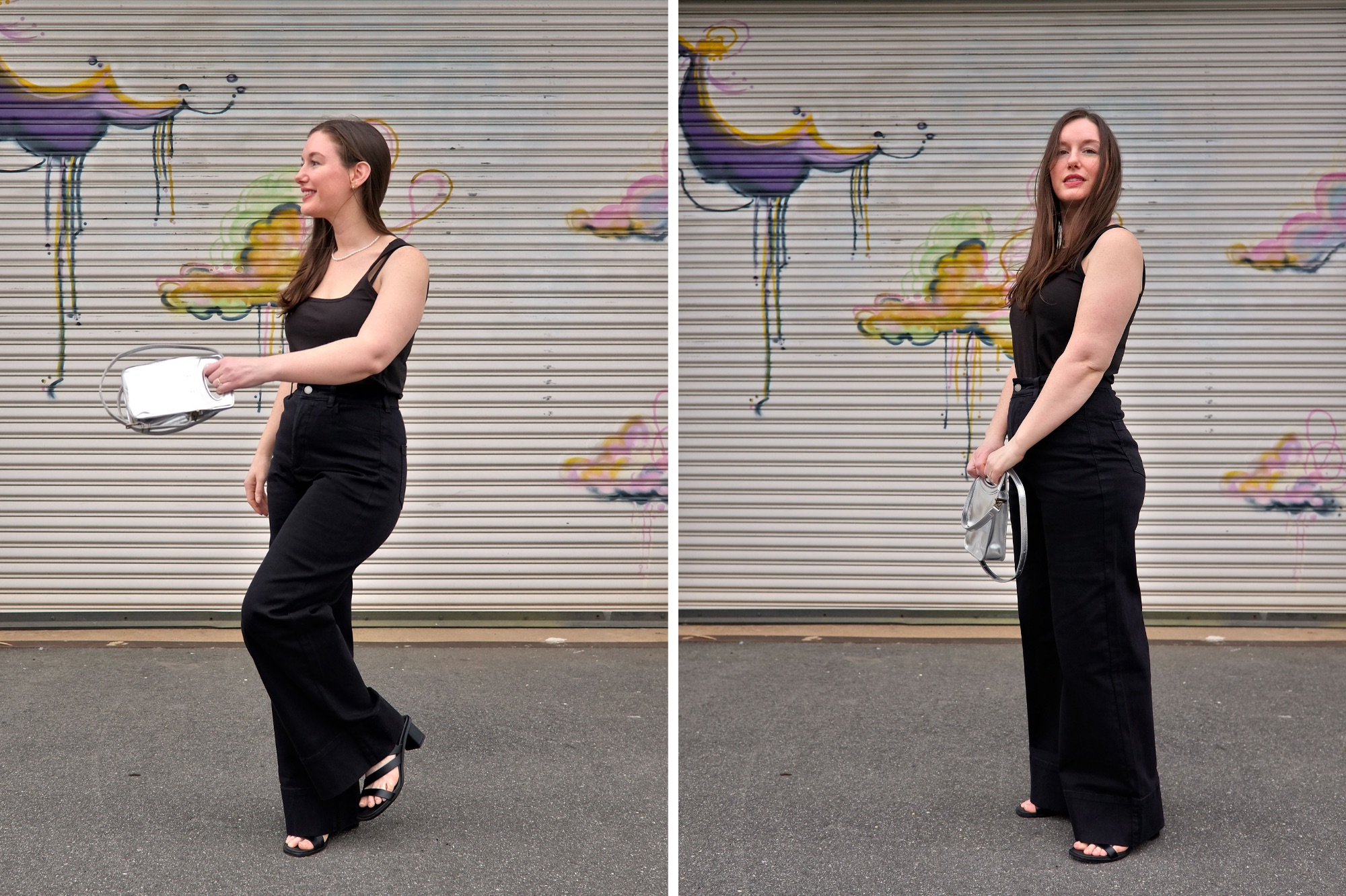 Alyssa wears the Carrie Wide Leg Jeans in black with a black tank, black heeled sandals, and a silver bag in two photos