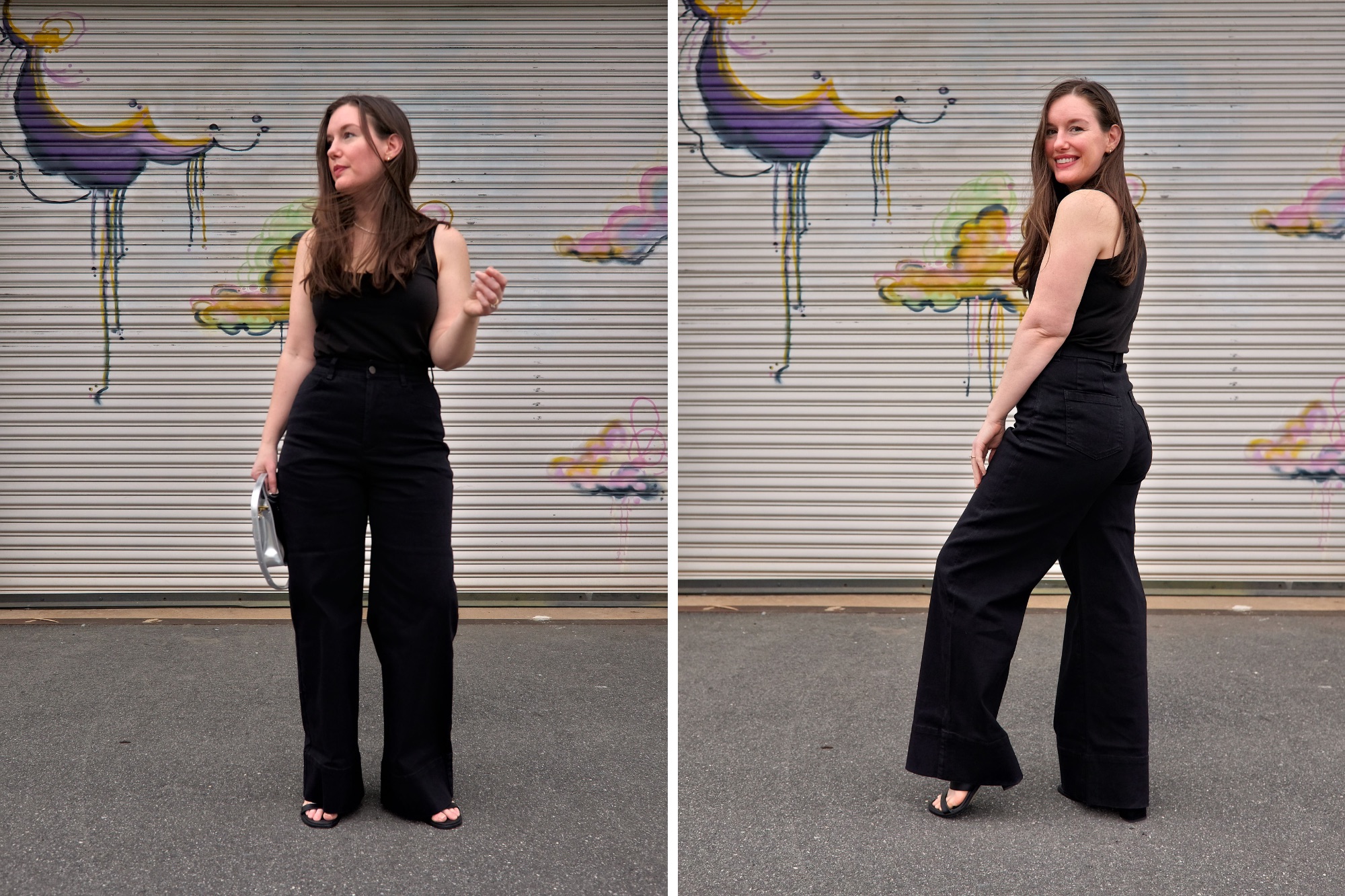 Alyssa wears the Carrie Wide Leg Jeans in black with a black tank, black heeled sandals, and a silver bag in two photos