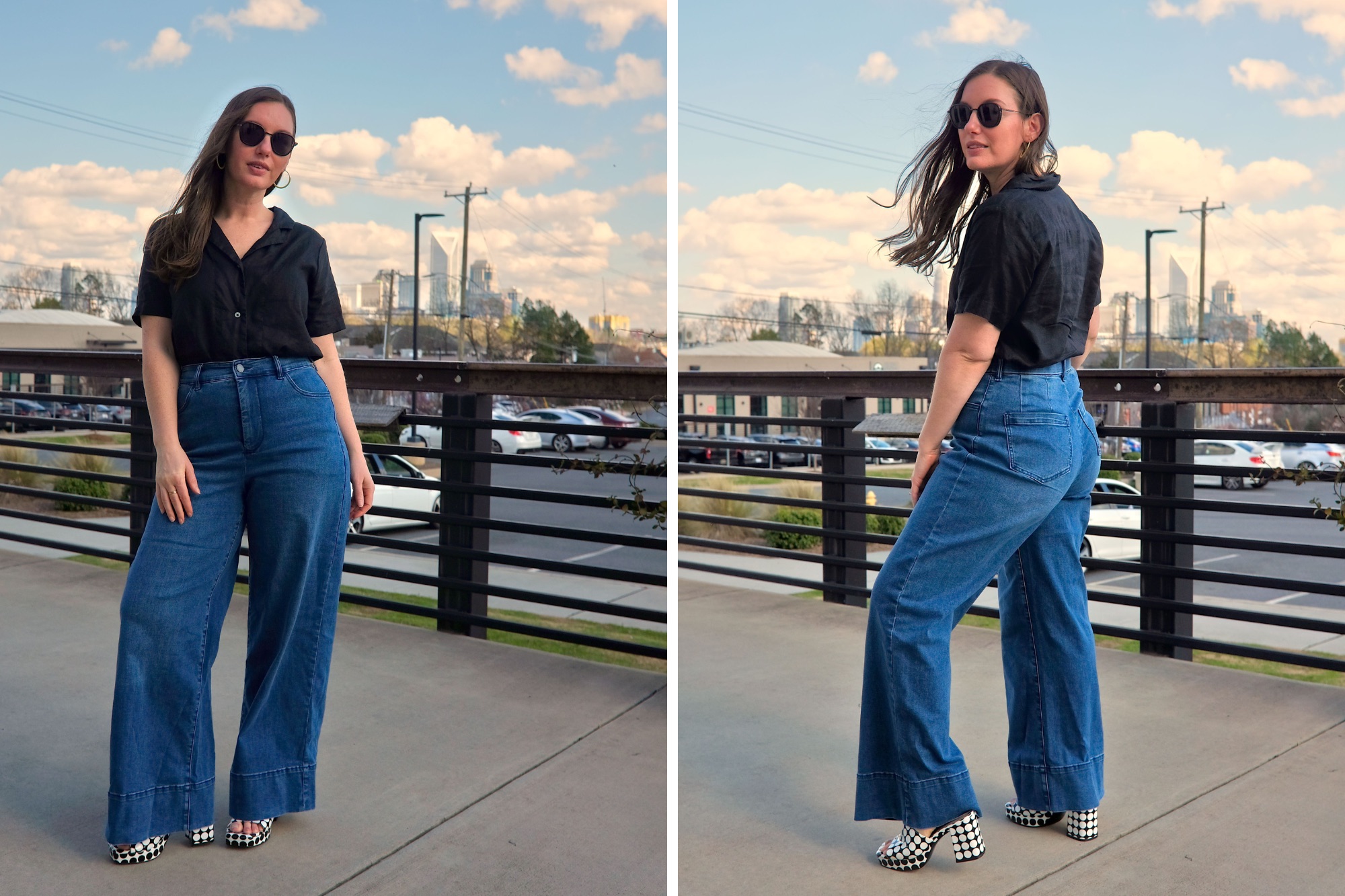 Alyssa wears the Carrie High Rise Wide Leg Jeans in two photos with a black linen top and polka dot chunky heels