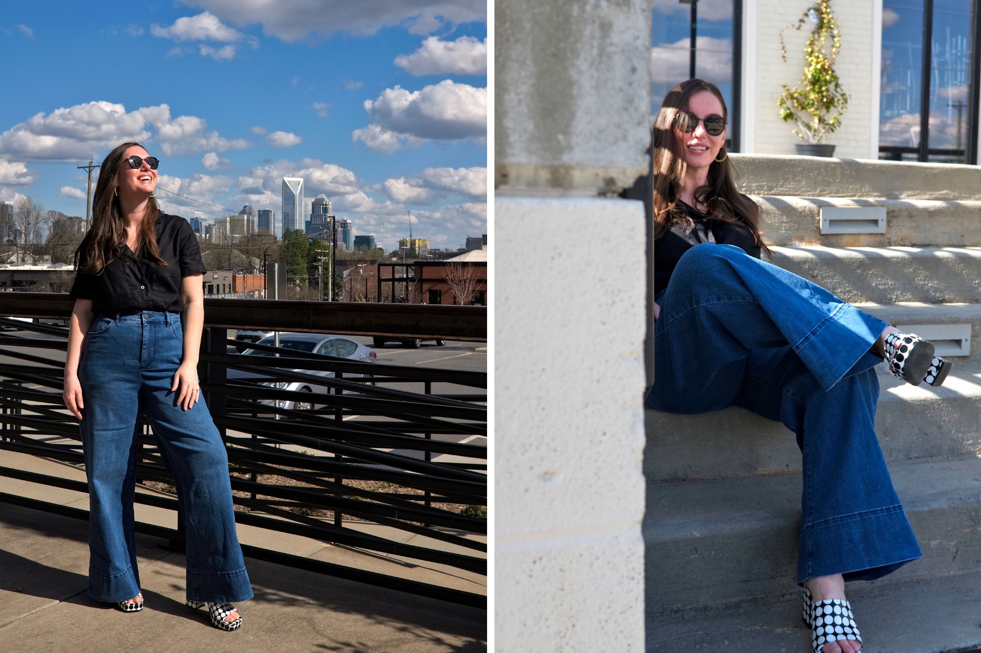 Alyssa wears the Carrie High Rise Wide Leg Jeans in two photos with a black linen top and polka dot chunky heels
