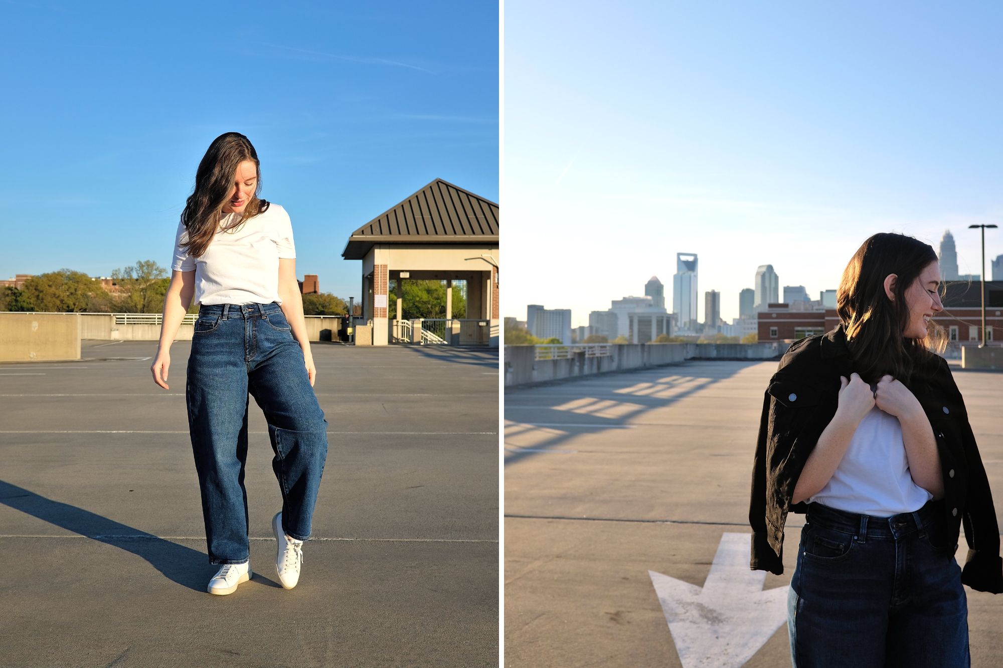 Alyssa wears two styles of denim included in the Universal Standard sale