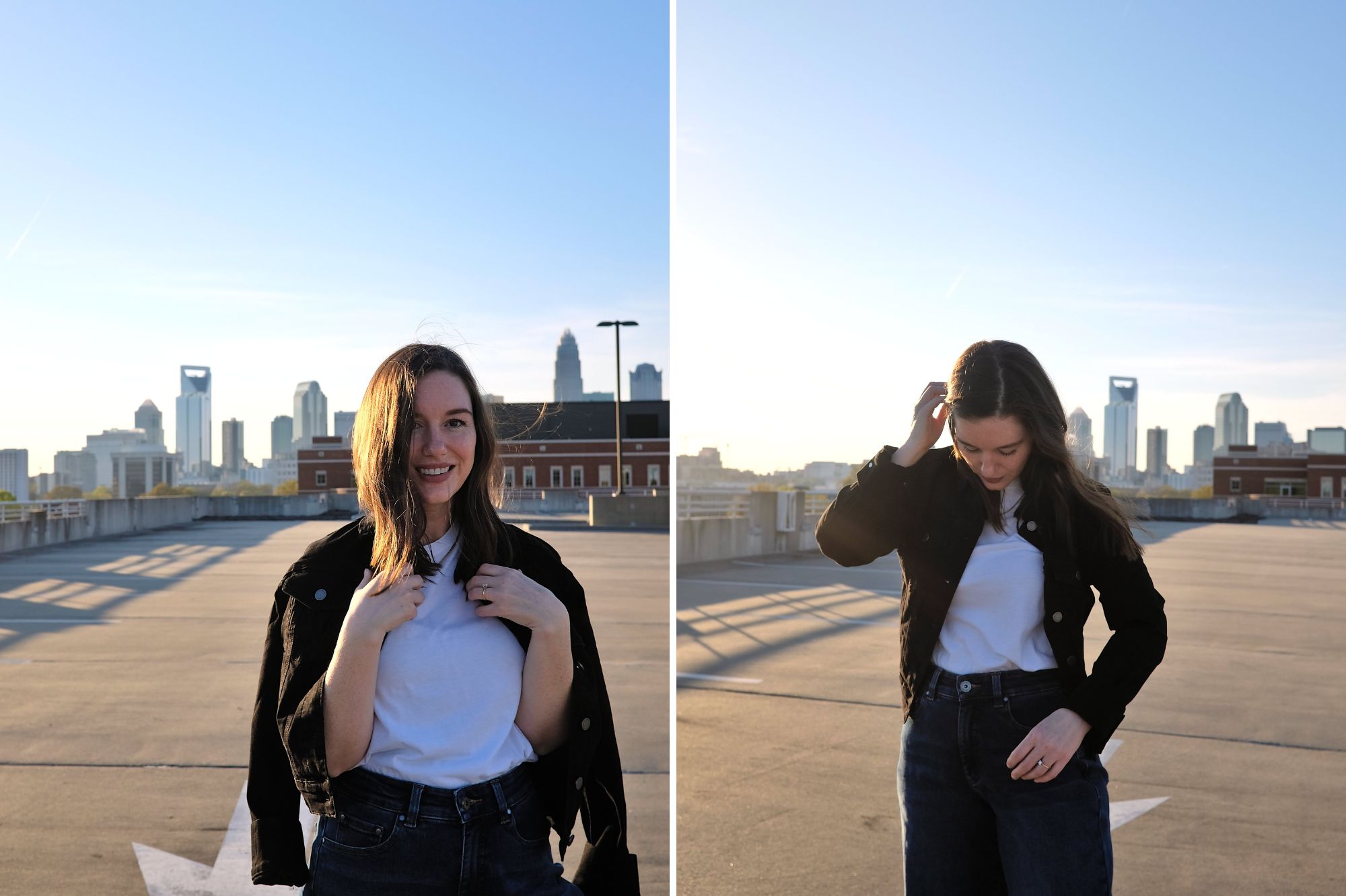 Alyssa wears a black denim jacket from Universal Standard in two photos