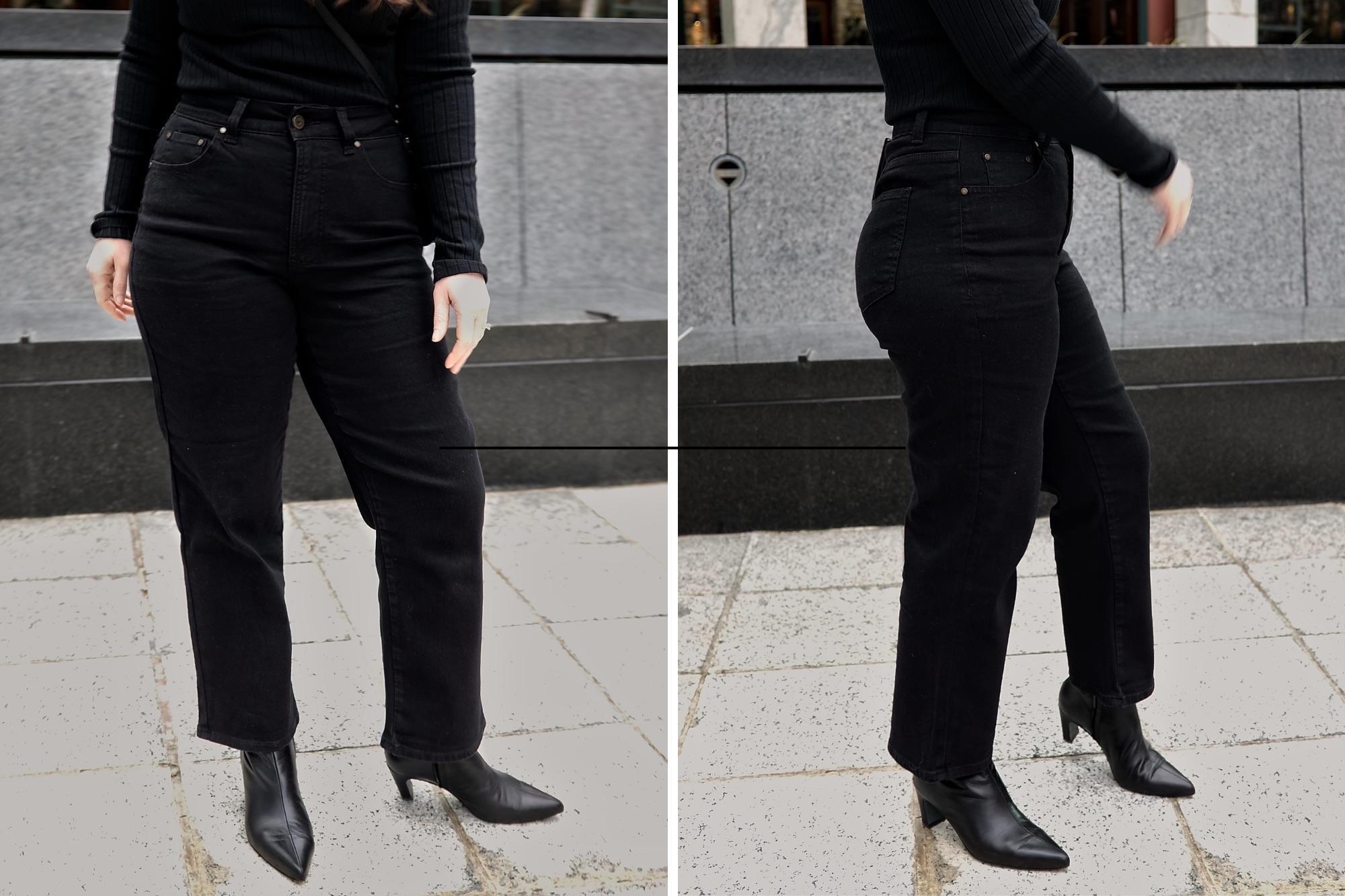 A closeup of the Donna High Rise Curve Straight Leg Jeans from Universal Standard