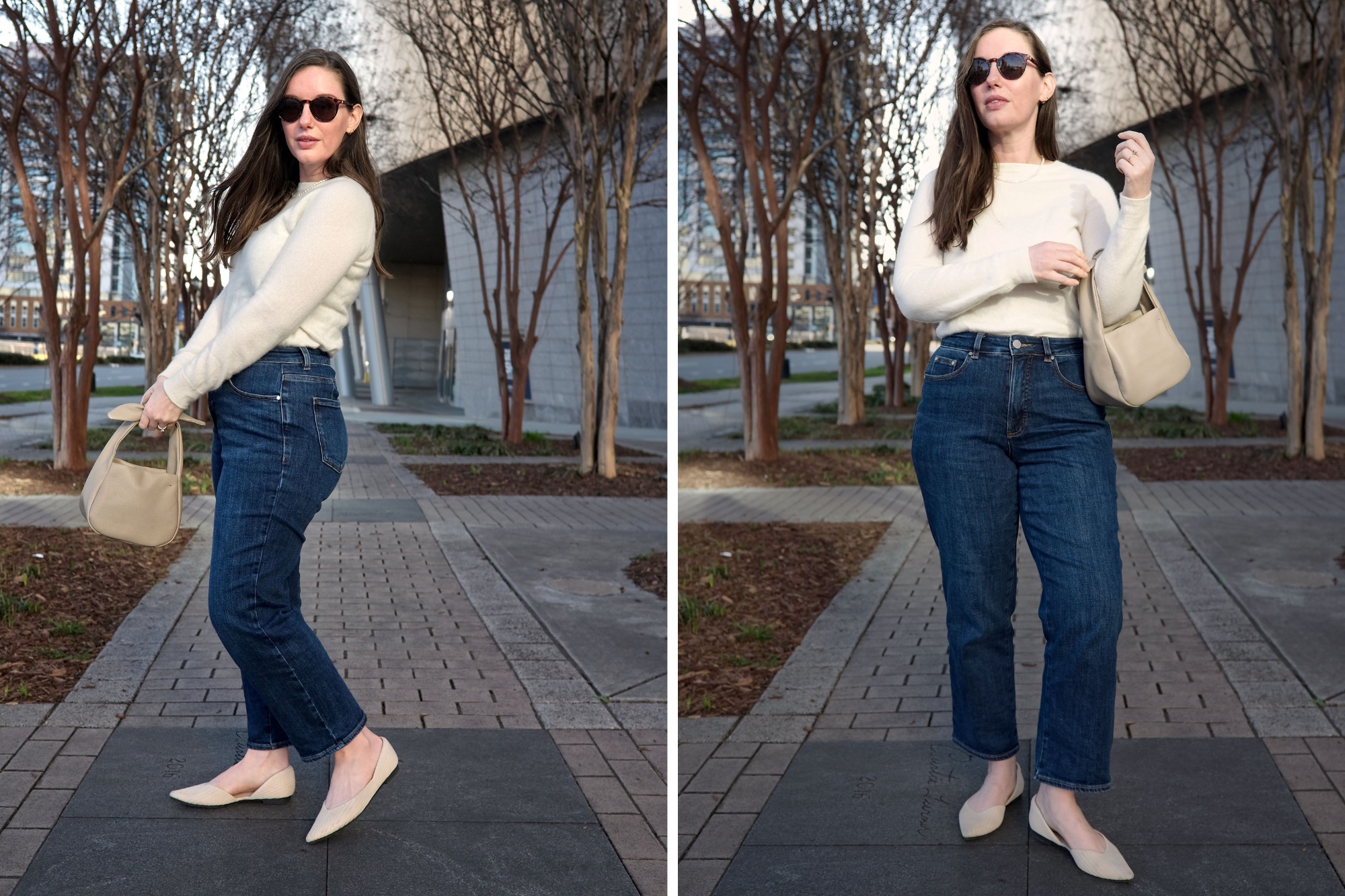 Alyssa wears the Donna High Rise Curve Jeans in blue with a cream sweater and flats in two photos