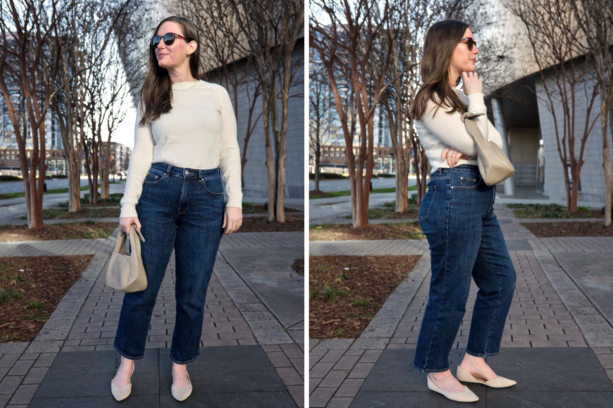 Alyssa wears the Donna High Rise Curve Jeans in blue with a cream sweater and flats in two photos