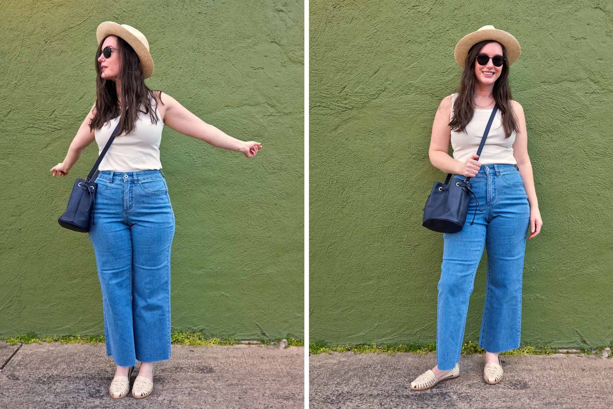 Alyssa wears a white tank, blue jeans, white huarache sandals, a straw hat, and a navy bucket bag in two photos, which are set in front of a green wall