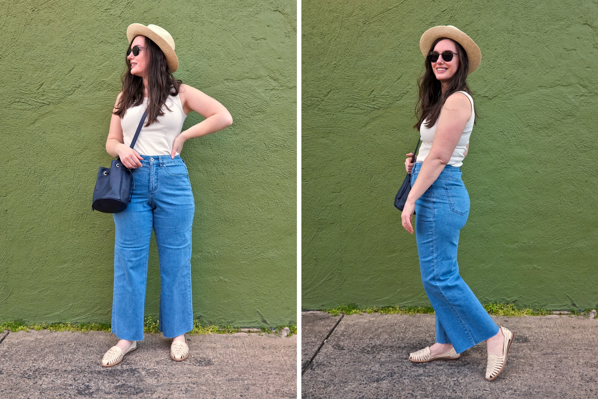 Alyssa wears a white tank, blue jeans, white huarache sandals, a straw hat, and a navy bucket bag in two photos, which are set in front of a green wall