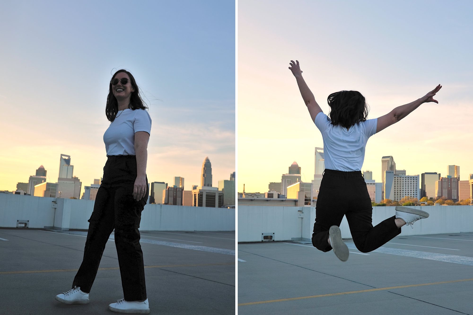 Alyssa wears the cargo pants from Universal Standard in two photos and jumps in the air