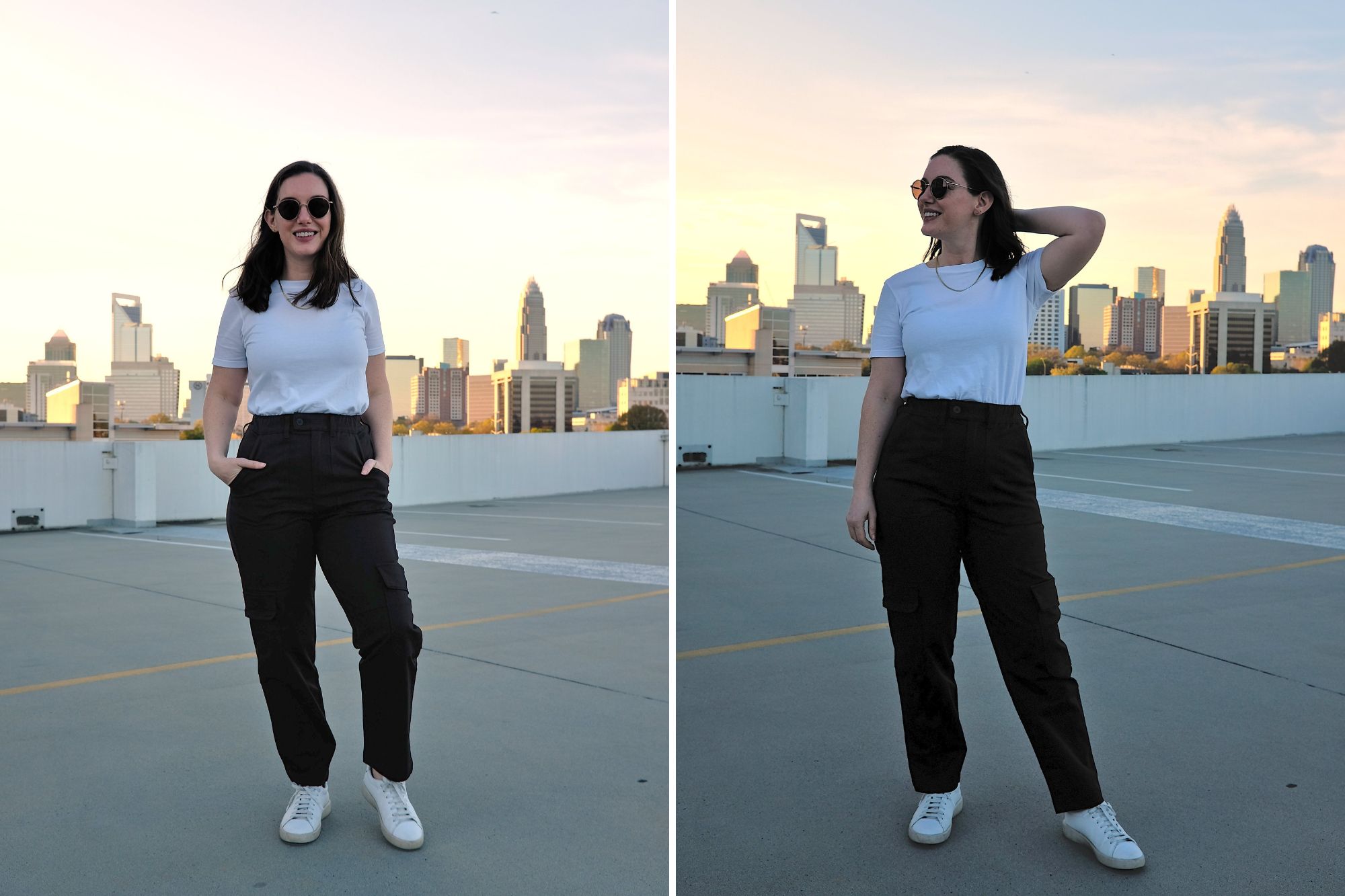 Alyssa wears the Karlee Stretch Cotton Twill Cargo Pants in two photos