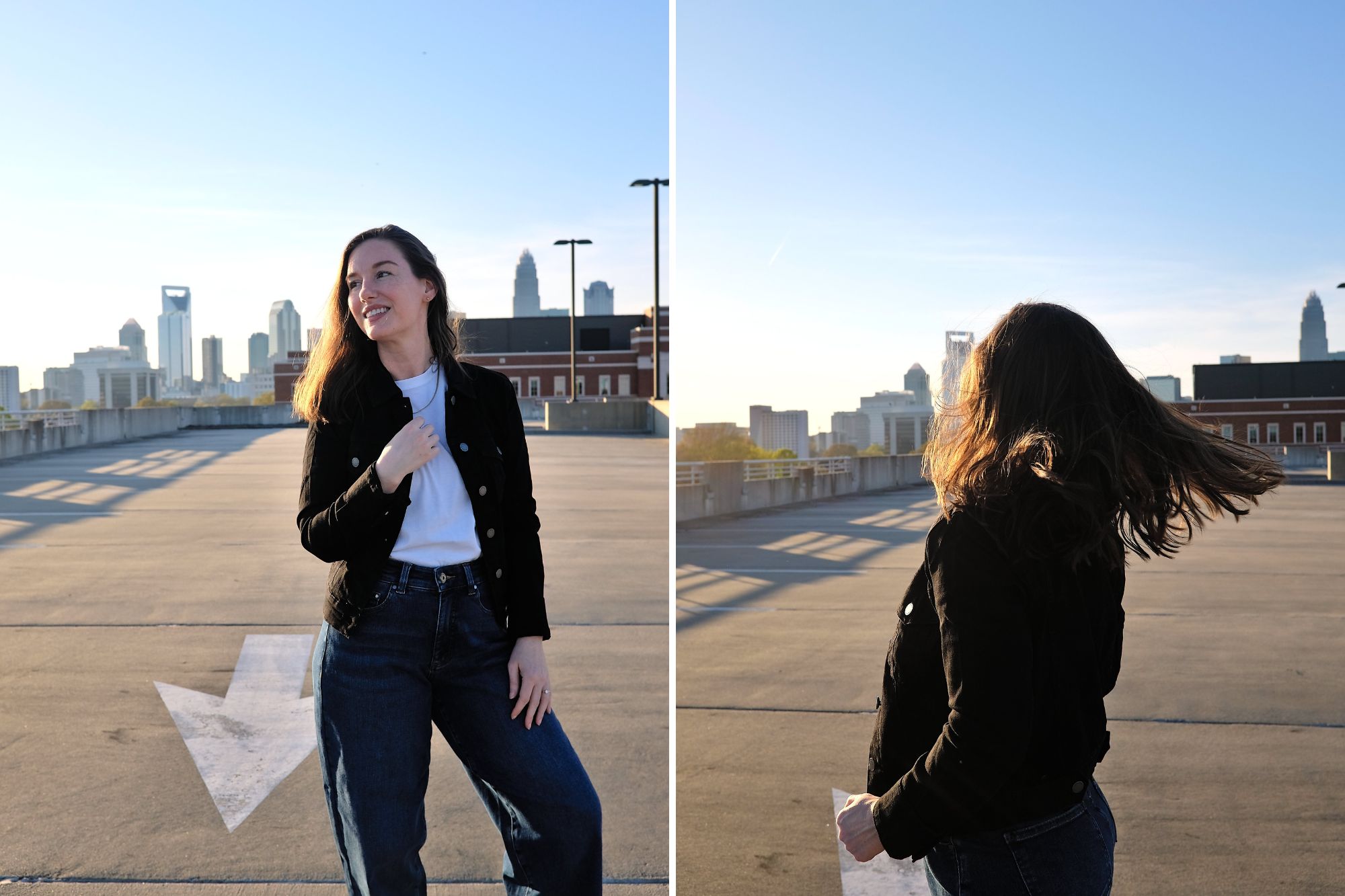 Alyssa wears the Kelsey Denim Jacket from Universal Standard in two poses