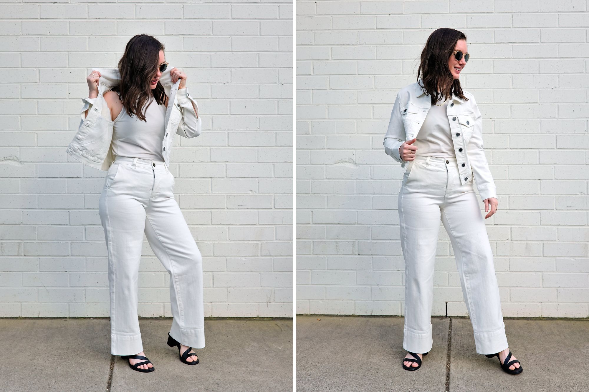 Alyssa wears the white denim jacket from Universal Standard in two photos