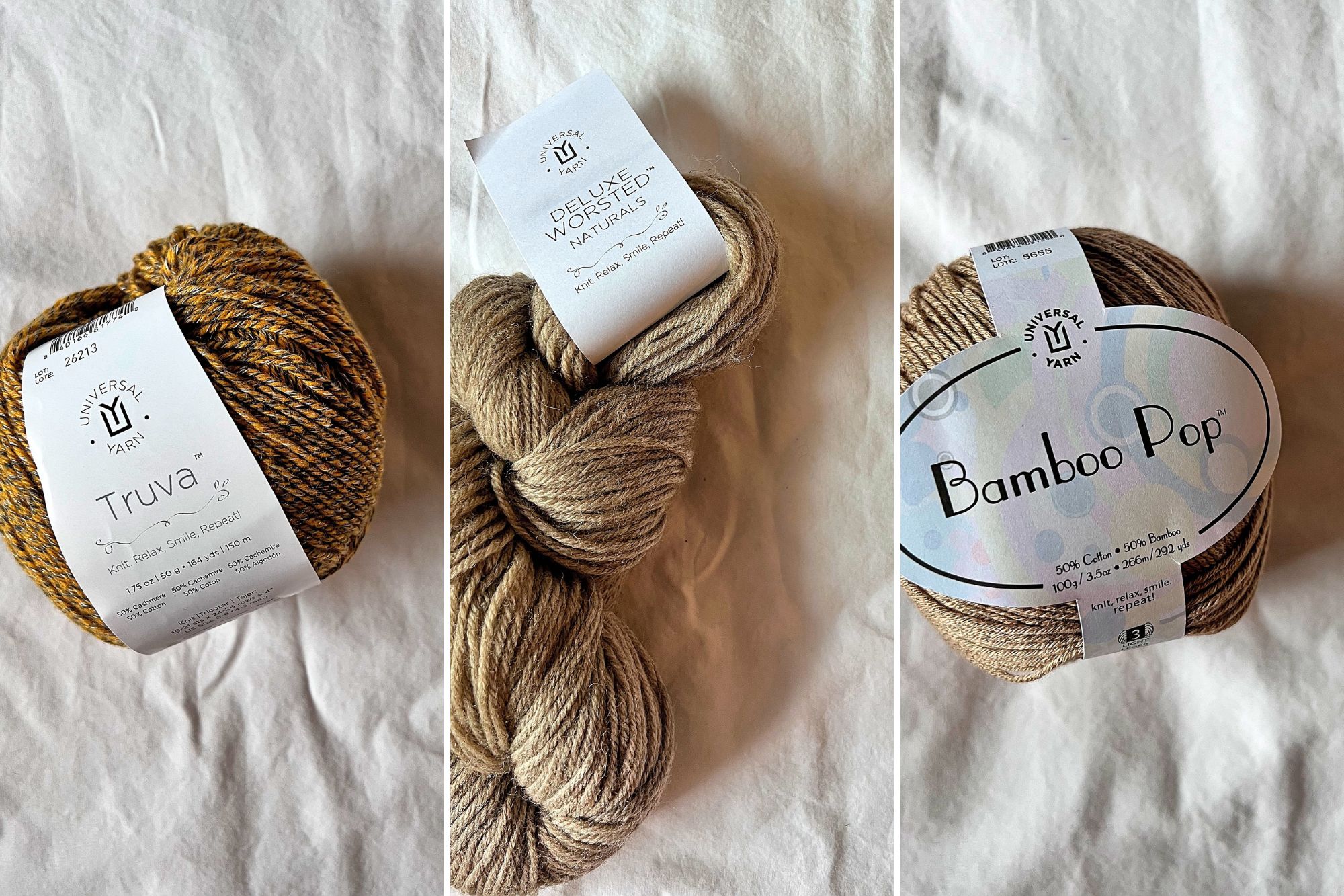 Three skeins of Universal Yarn: Truva, Deluxe Worsted, and Bamboo Pop