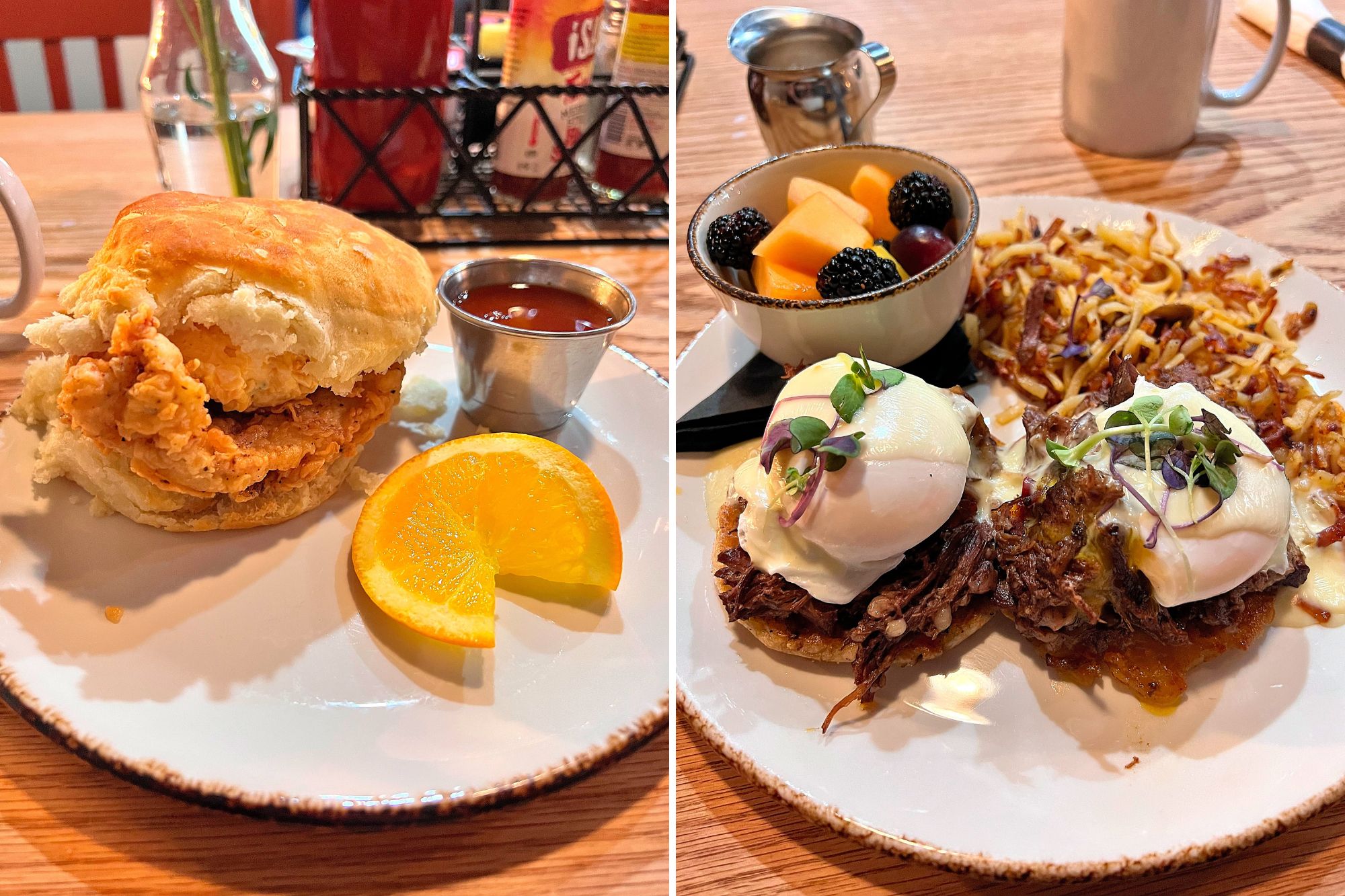 two images of a meal at Young Cardinal: a biscuit with pimento cheese and fried chicken and birria benedict