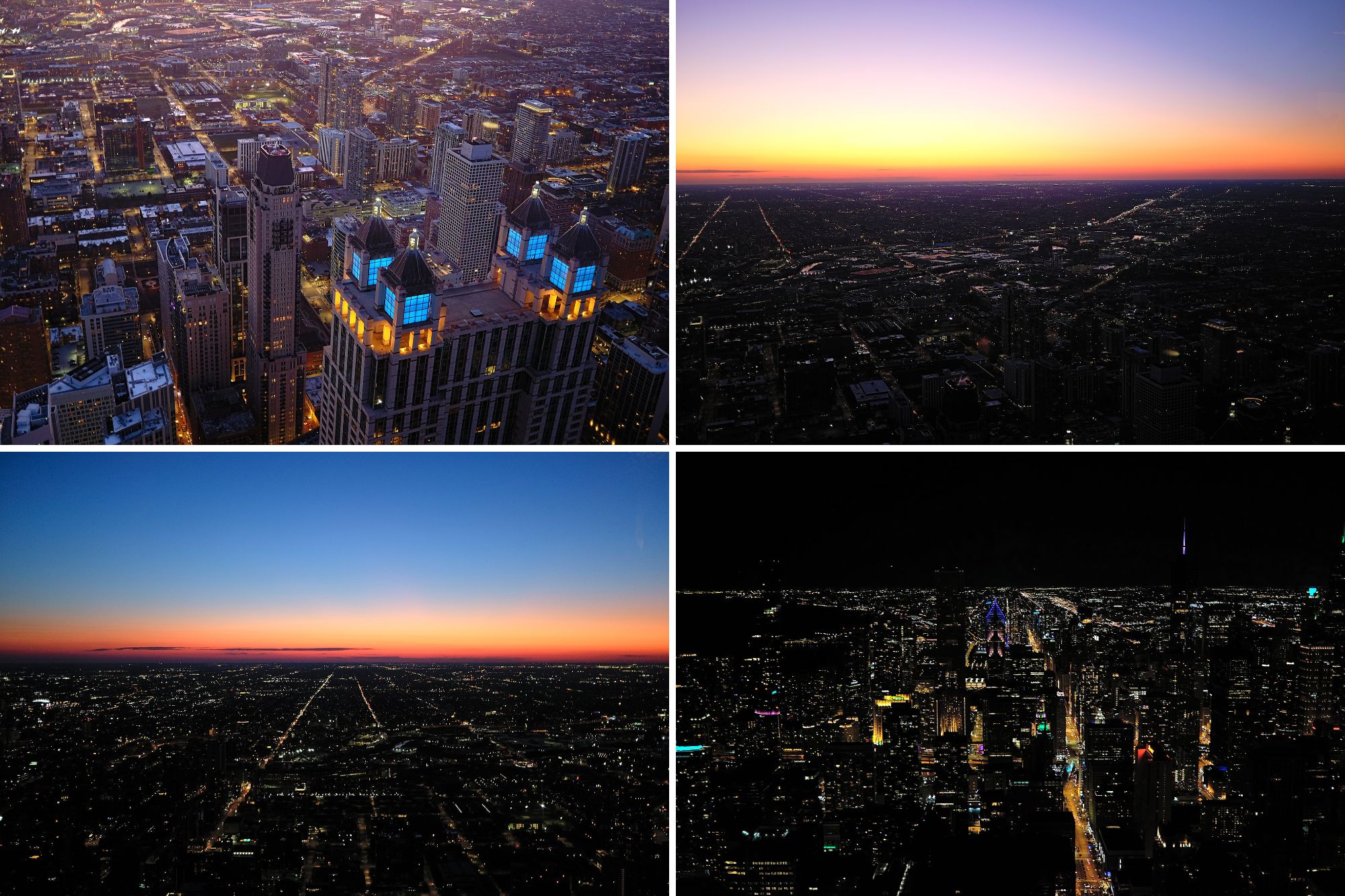 Collage of the sun setting over the buildings of Chicago