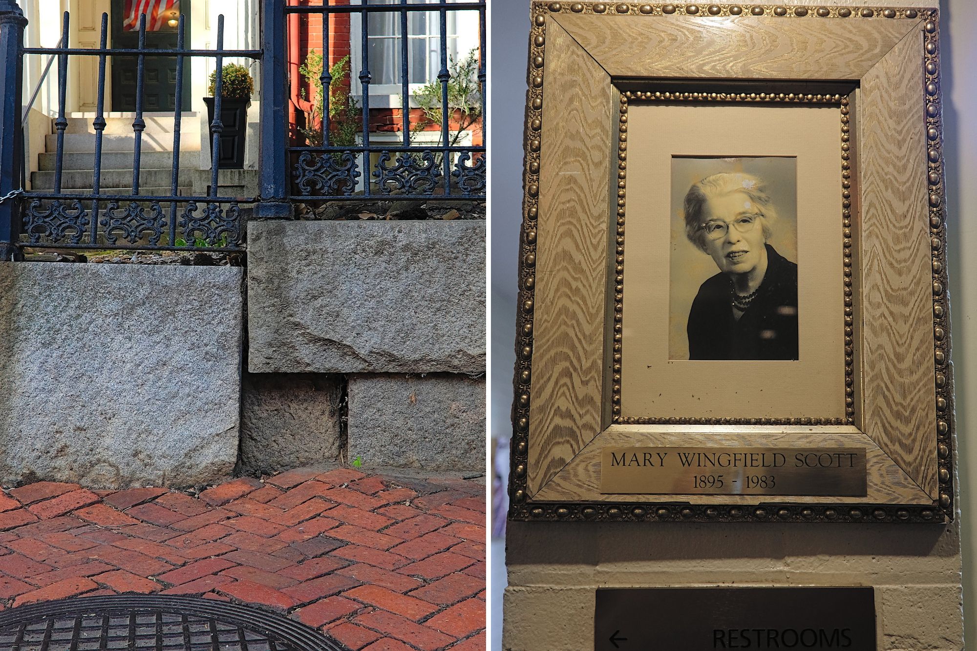 Two images taken at Linden Row Inn: the foundation marking where the original and newer buildings meet, and a photo of Mary Wingman Scott