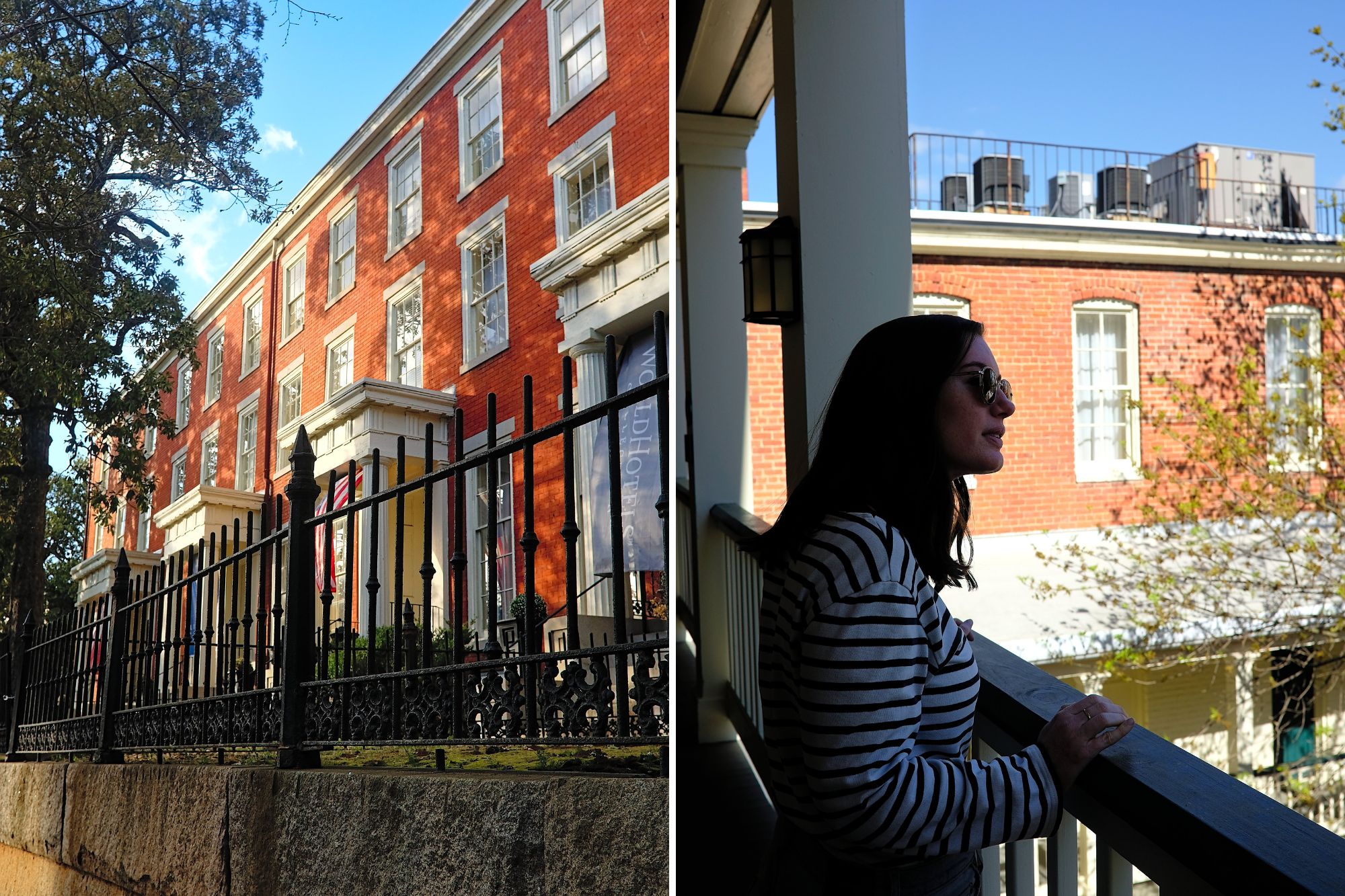 Two images: Linden Row Inn row houses and Alyssa looking out over the railing