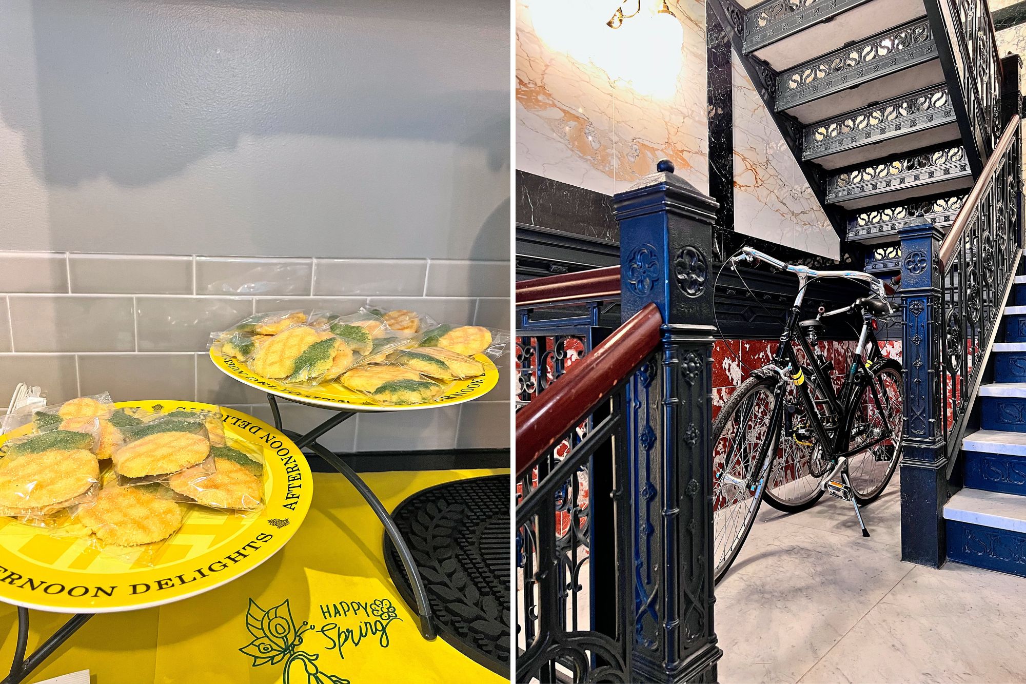 Two photos of amenities at Staypineapple: Pineapple-shaped cookies, and bicycles for borrowing