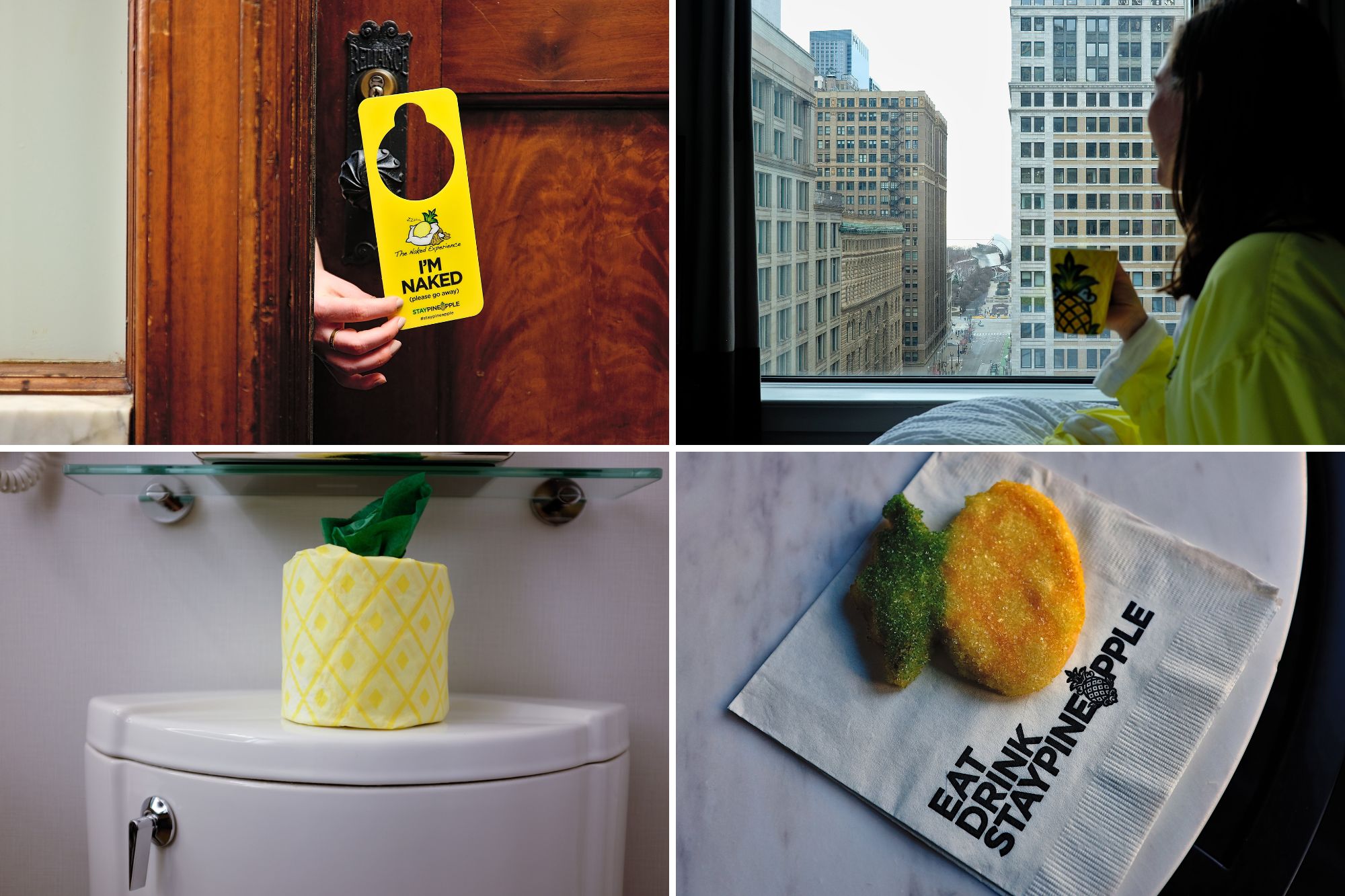 Collage of four images of pineapple accents: a do not disturb sign, a mug, a cookie, and a toilet paper