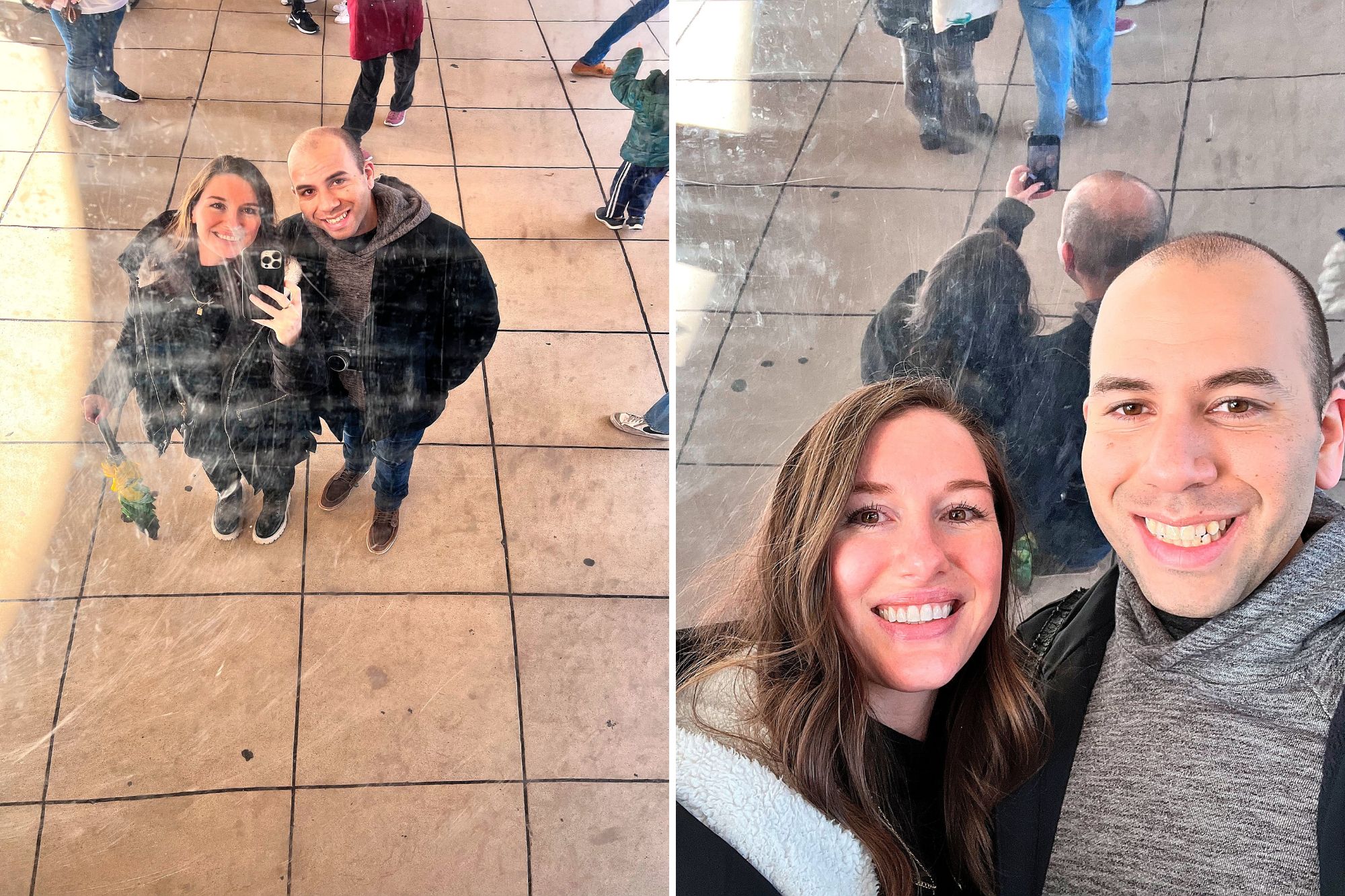 Alyssa and Michael take photos in the reflection of The Bean