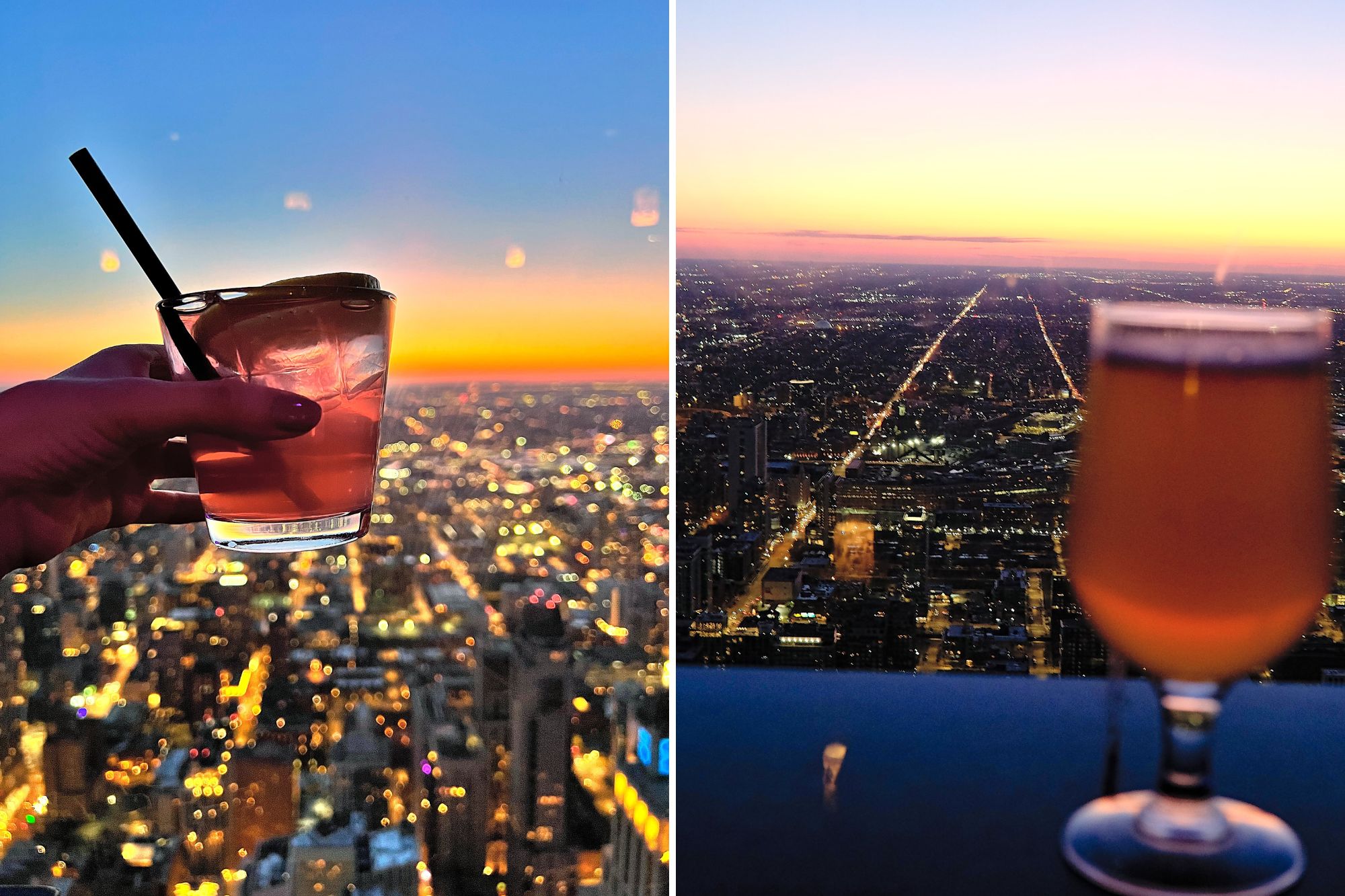 A cocktail and a beer in a window looking out over Chicago