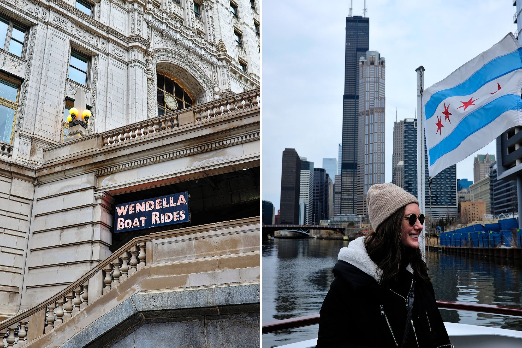 Wendella Boat Rides sign and Alyssa on the boat