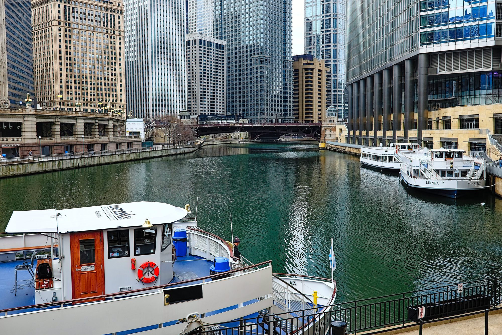 Wendella Boats are docked in the Chicago River
