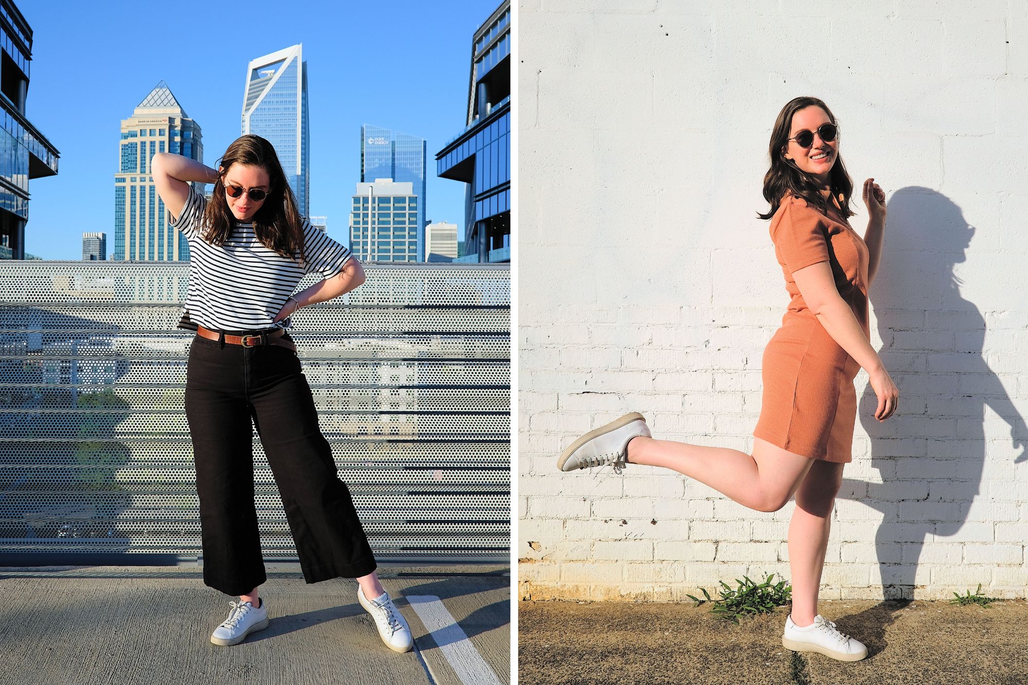 Alyssa wears the Maria Boxy Tee and Jules Tennis Dress in two photos