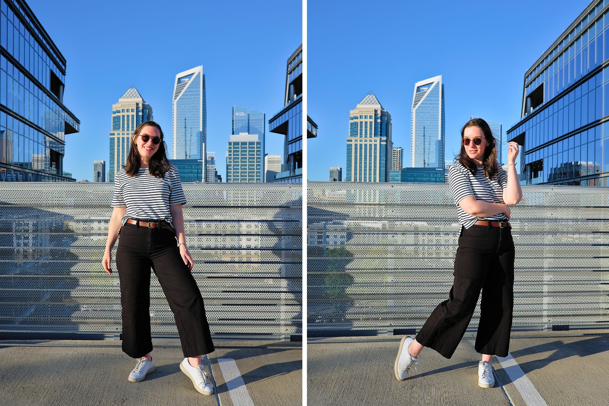 Alyssa wears the ABLE tee with black pants, a brown belt, and white sneakers