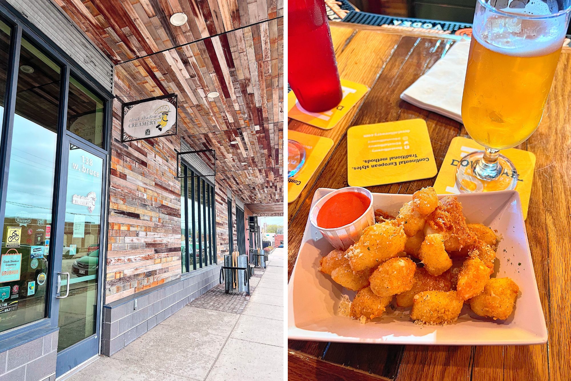 Two photos: a photo of the entrance to Clock Shadow Creamery, and an order of cheese curds from Camino