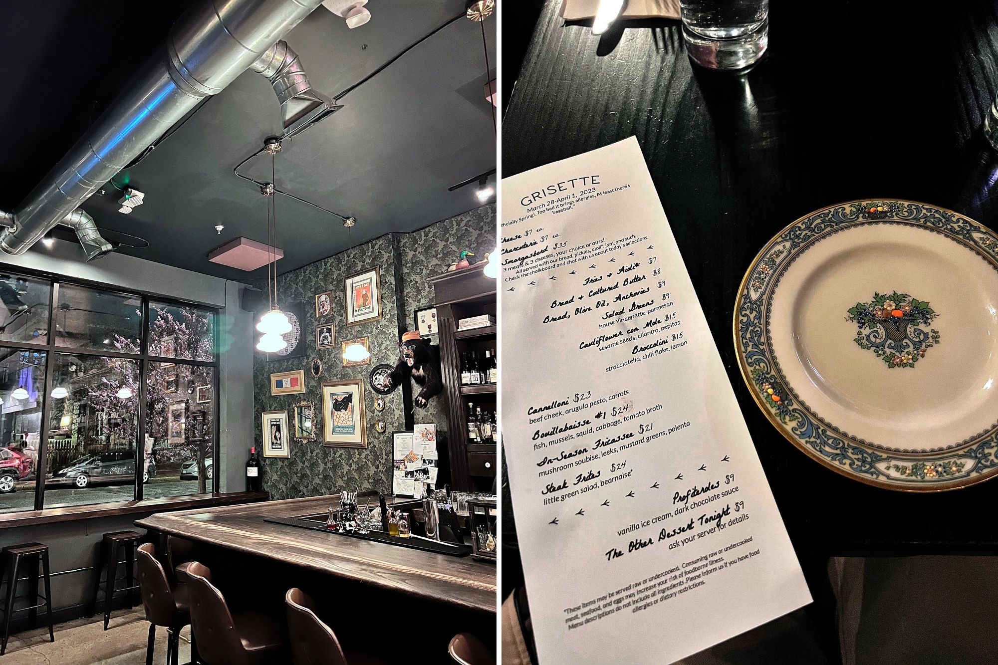 Interior and menu at Grisette