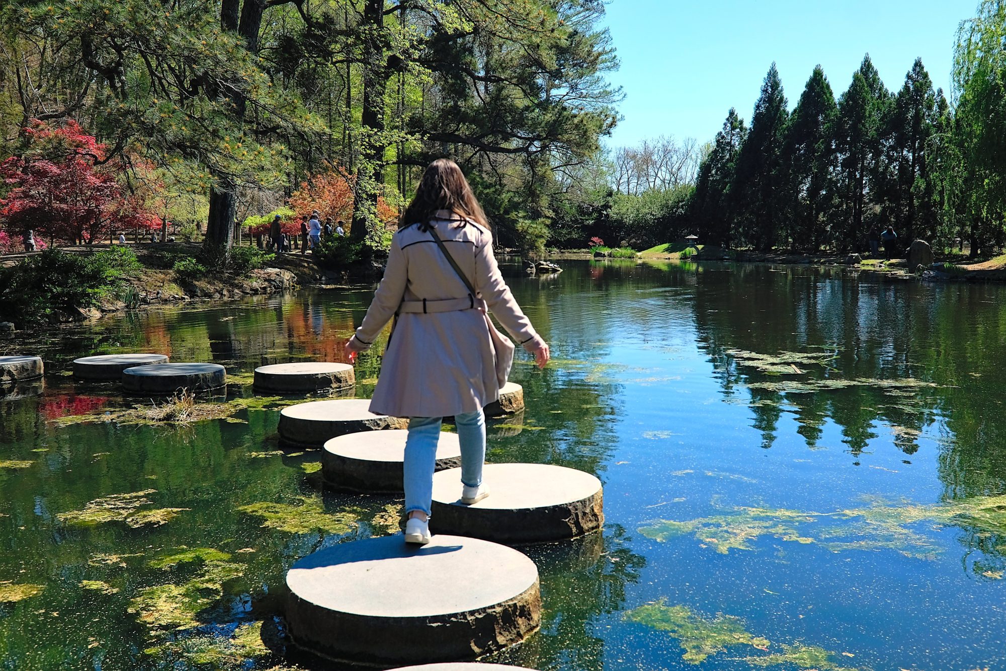 Alyssa steps on the stepping stones set over a pond