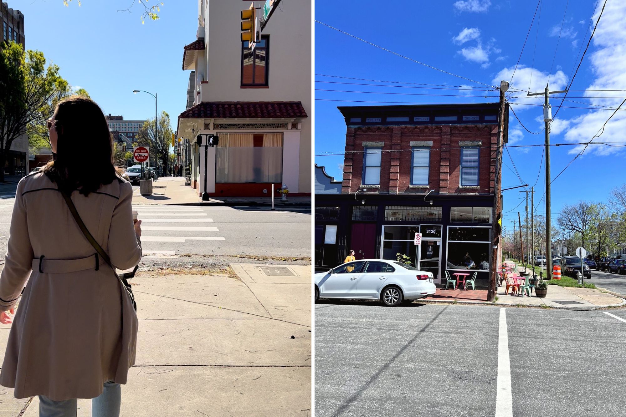 Collage: Alyssa walking downtown, and Church Hill neighborhood