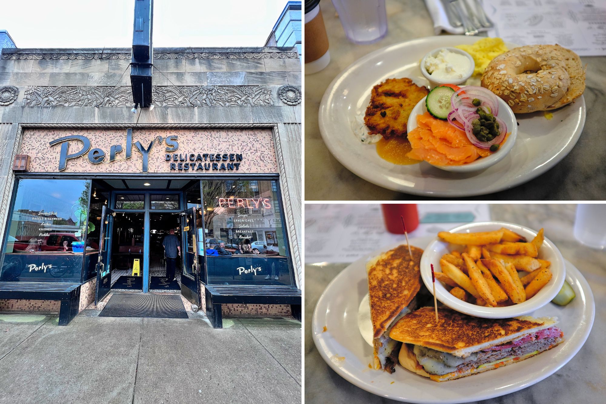 Collage of the entrance to Perly's and two items on the menu