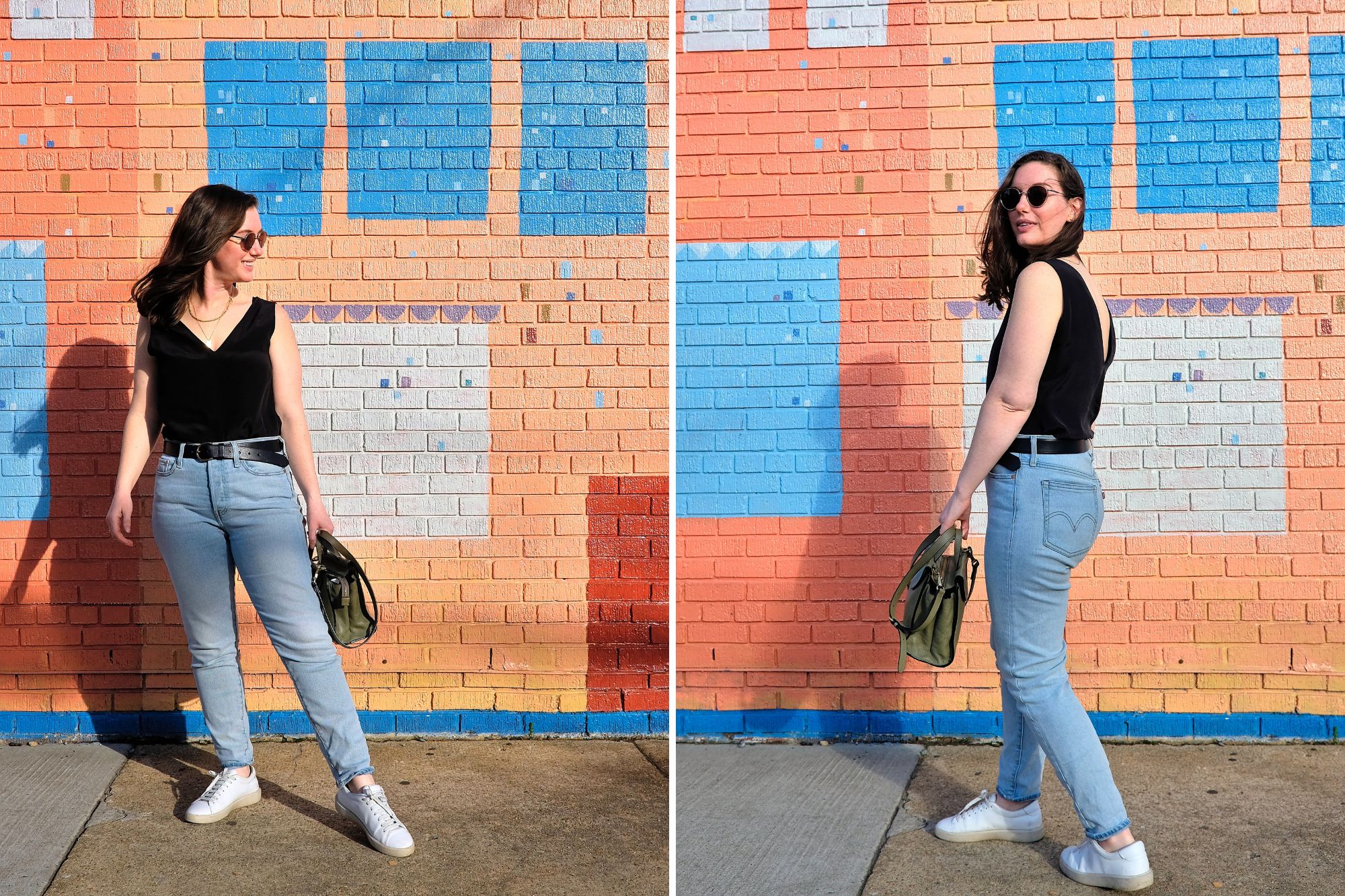 Alyssa wears a v-neck silk tank, jeans, and sneakers in two photos
