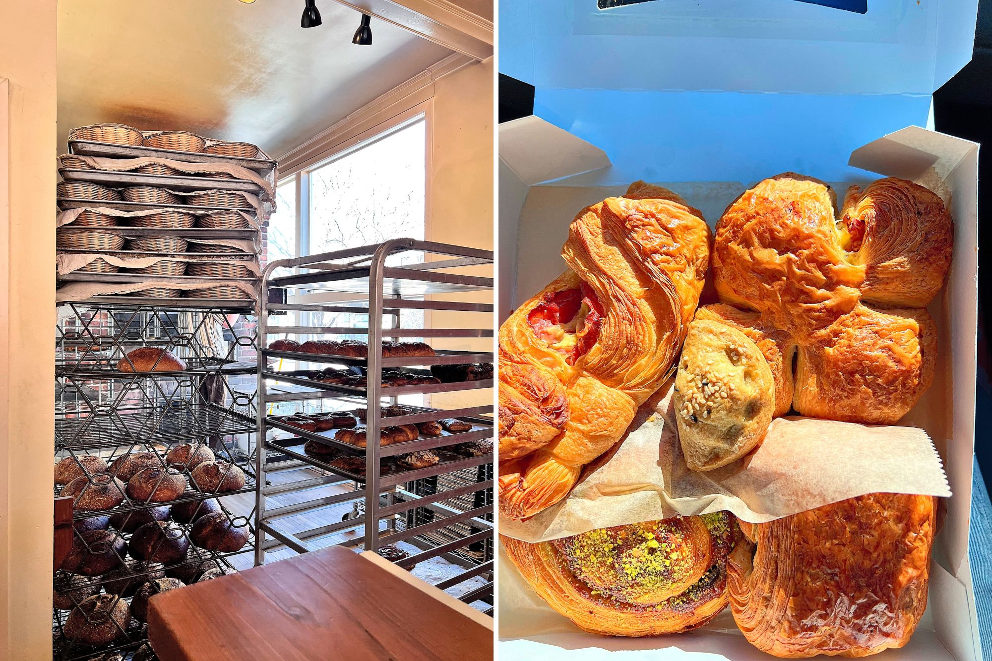 Bread on the racks at Sub Rosa and a box of pastries
